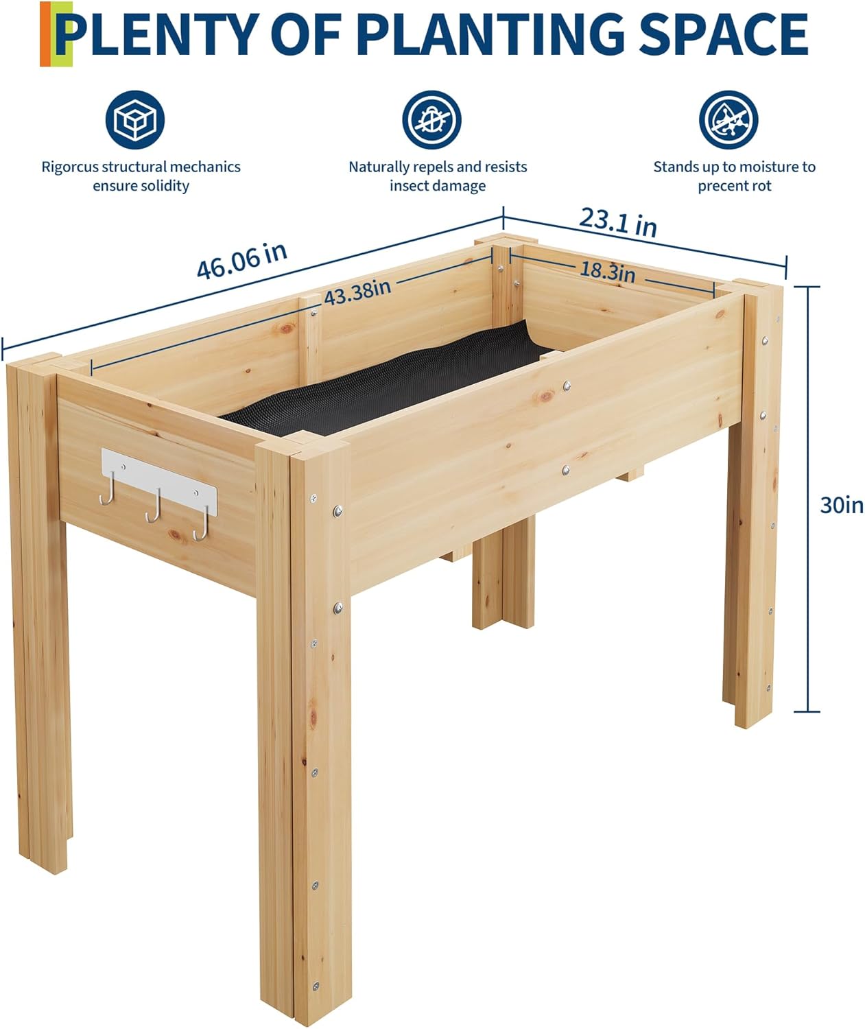 Garvee Wood Planter Box, Wooden Raised Garden Bed with Legs & Hooks, 46.06 x 23.1 x 30", Oak