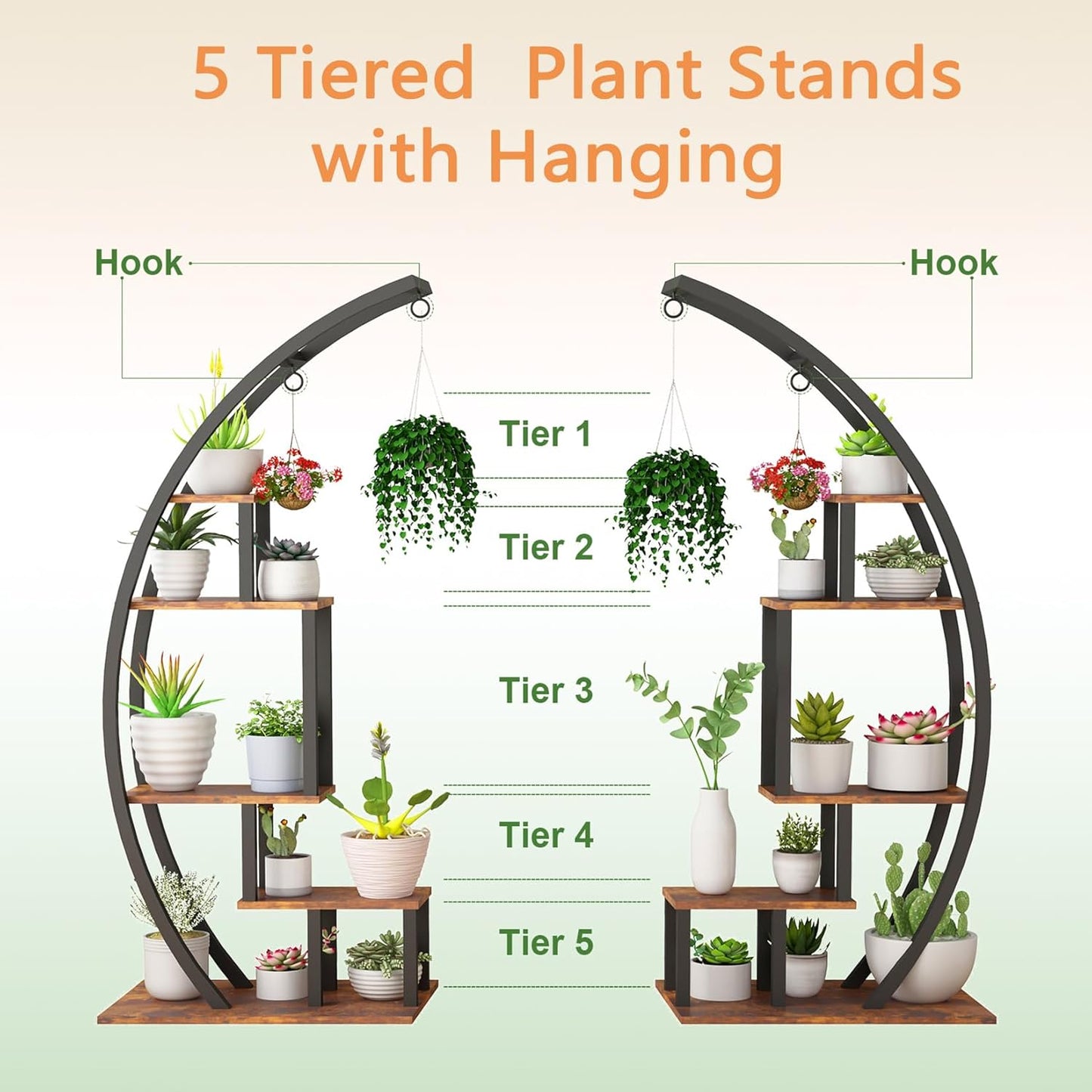 Garvee 5-Tier Wood Plant Stand, 23.6" x 15.7" x 56", Semicircle, 2 Count