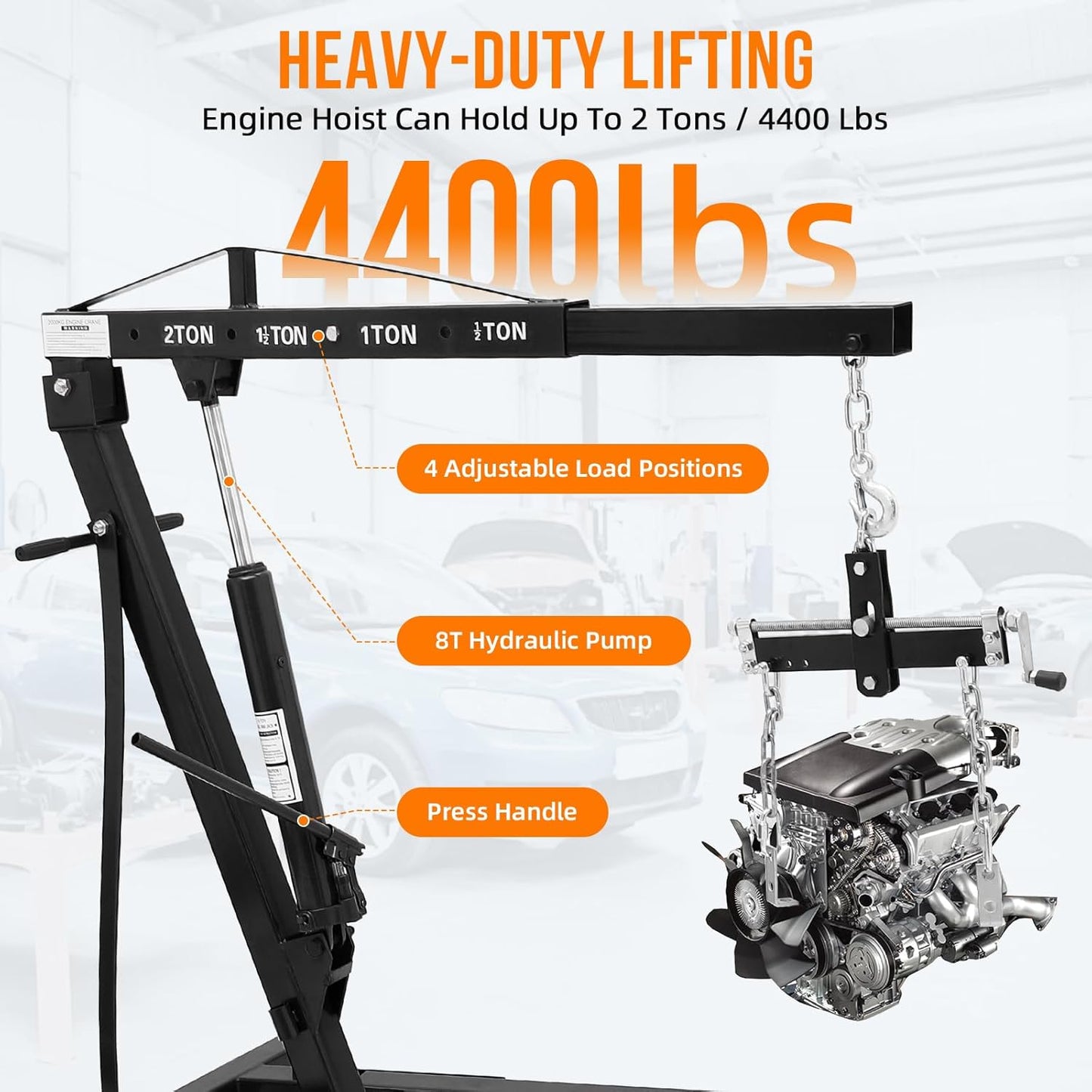 Garvee Steel Folding Hydraulic Engine Hoist, Heavy Duty with Lever, 2 Ton Max, 6 Wheels