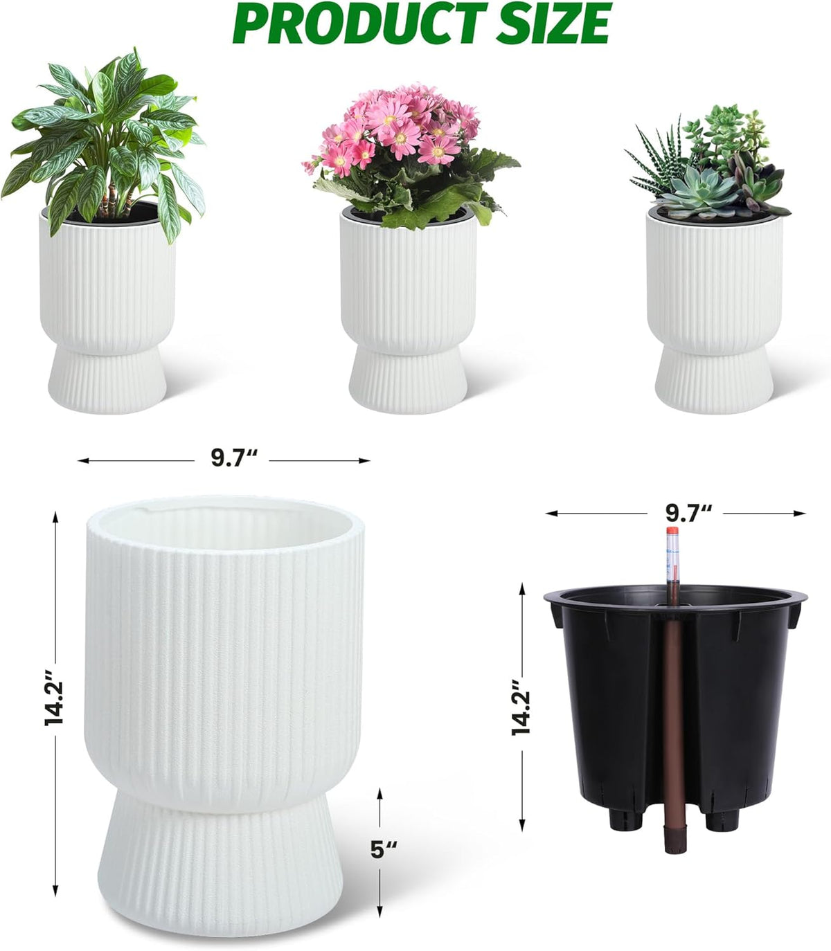Riedhoff 14.2" Planters Pots Set of 2, with Inner Bucket & Water Level Monitor