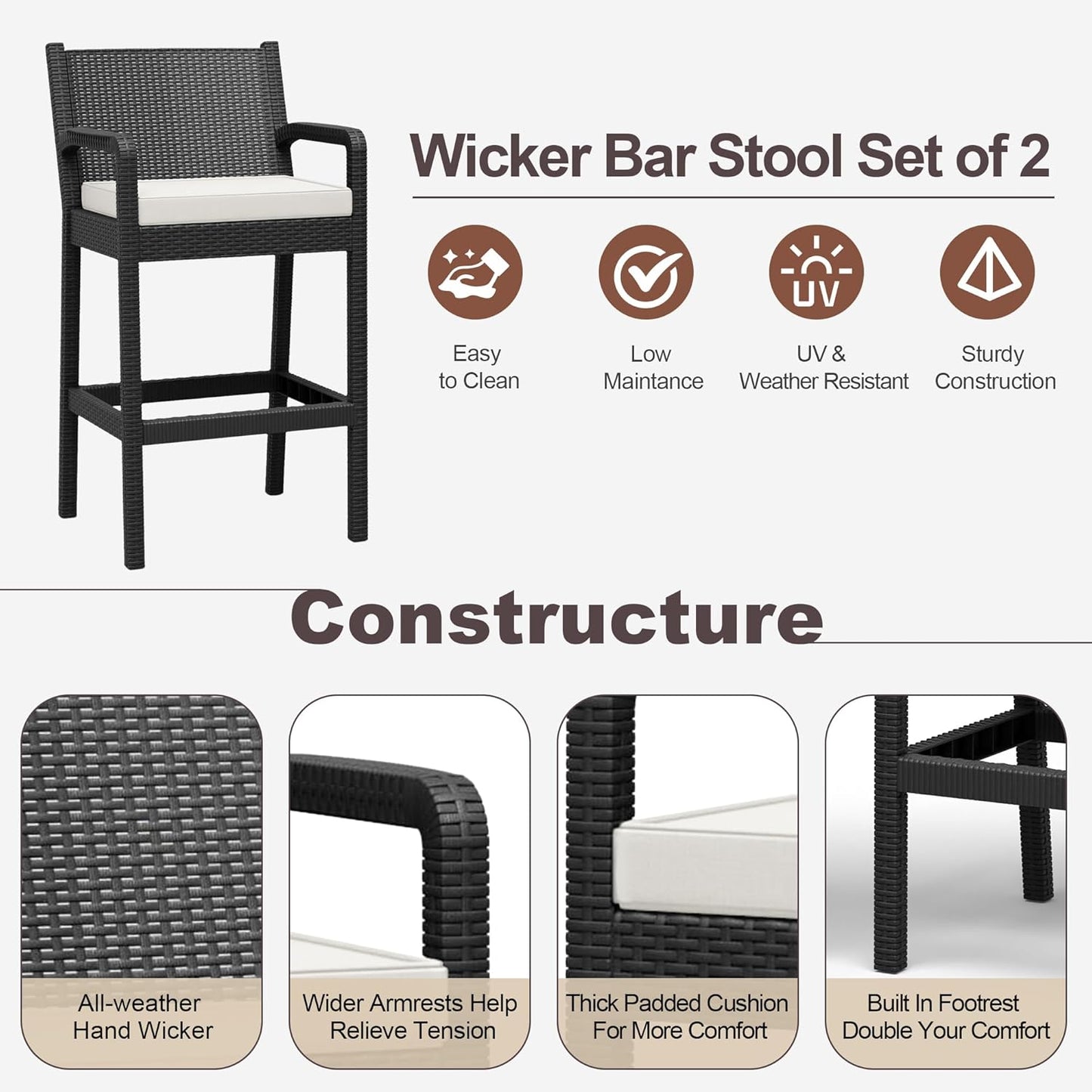 Garvee Patio Bar Stools Wicker Barstools, Set of 2, with Footrest & Armrest, 24.7 x 17.24 x 44.5"