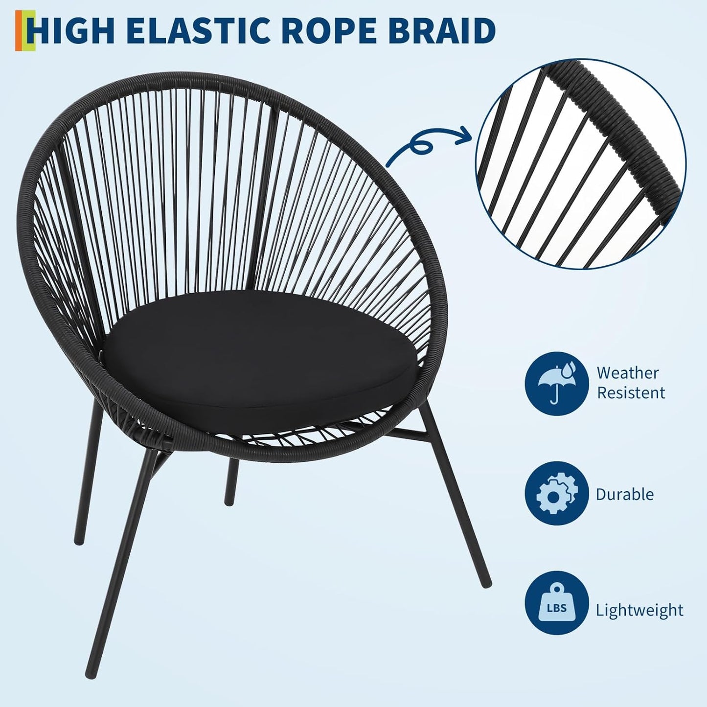 Garvee 3 Piece Patio Bistro Set, Acapulco Chairs with Cushions & Glass Top Side Table, Black