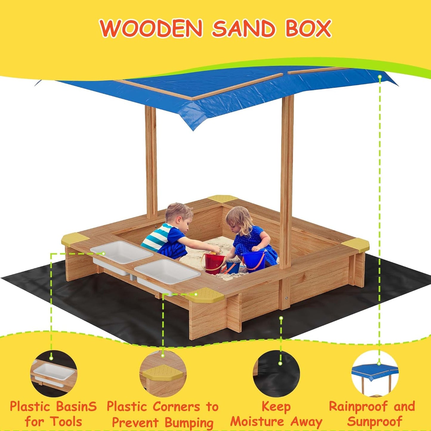 Garvee Kids Wooden Sandbox With 2 Plastic Boxes, Adjustable Canopy, Bottom Liner, 39.3 x 26.7"