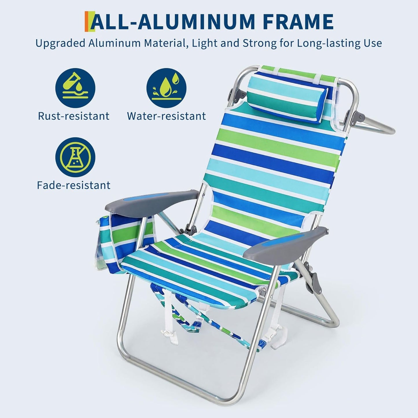 Garvee 2 Pack Portable Beach Chair with Adjustable Backrest & Cup Holders, Ocean Striped