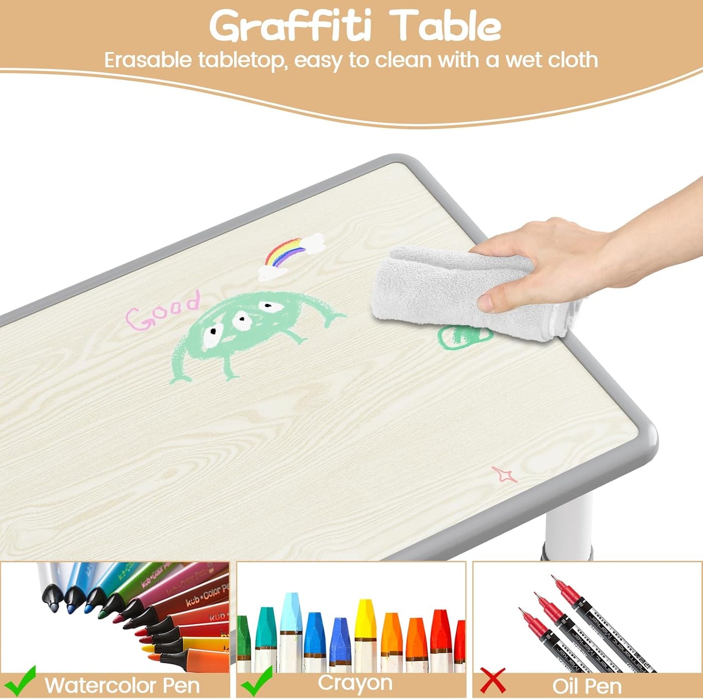 Garvee Kids Rectangular Activity Table and Chair Set 5-Piece, Adjustable Height , Gray
