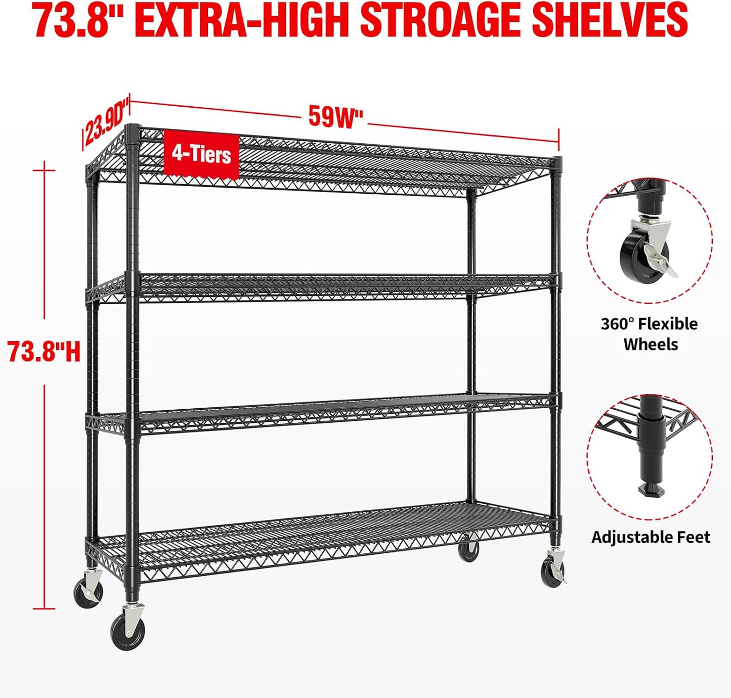 Garvee 4 Tier Metal Storage Shelving Unit with Wheels, Adjustable Rack Shelf, 59" x 23.9" x 73.8", Black