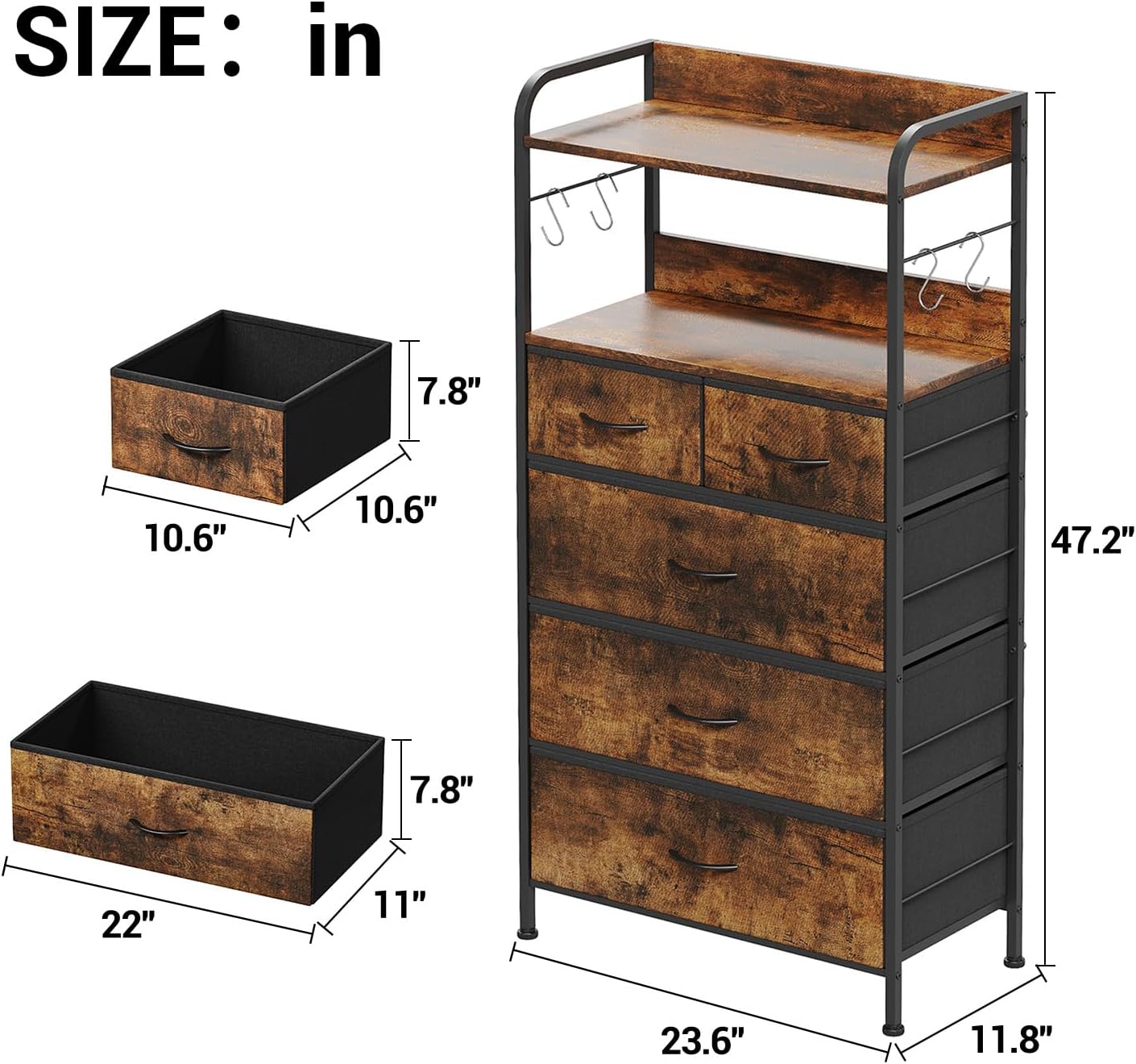 Garvee 5 Drawer Dresser for Bedroom, Wood Top, with Storage Organizer Fabric Bins