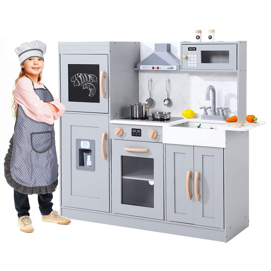 Kids Kitchen Playset, Wooden Chef Pretend Play Set with 20 PCS Cookware Accessories, Wooden Cookware Pretend with Ice Maker, Microwave, Oven, Range Hood, Sink, Real Lights & Sounds?¨º?Gray