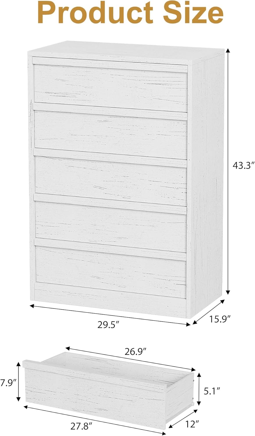 Garvee Vertical Chest of Drawers with 5 Drawers, 29.5 x 15.9 x 43.3"