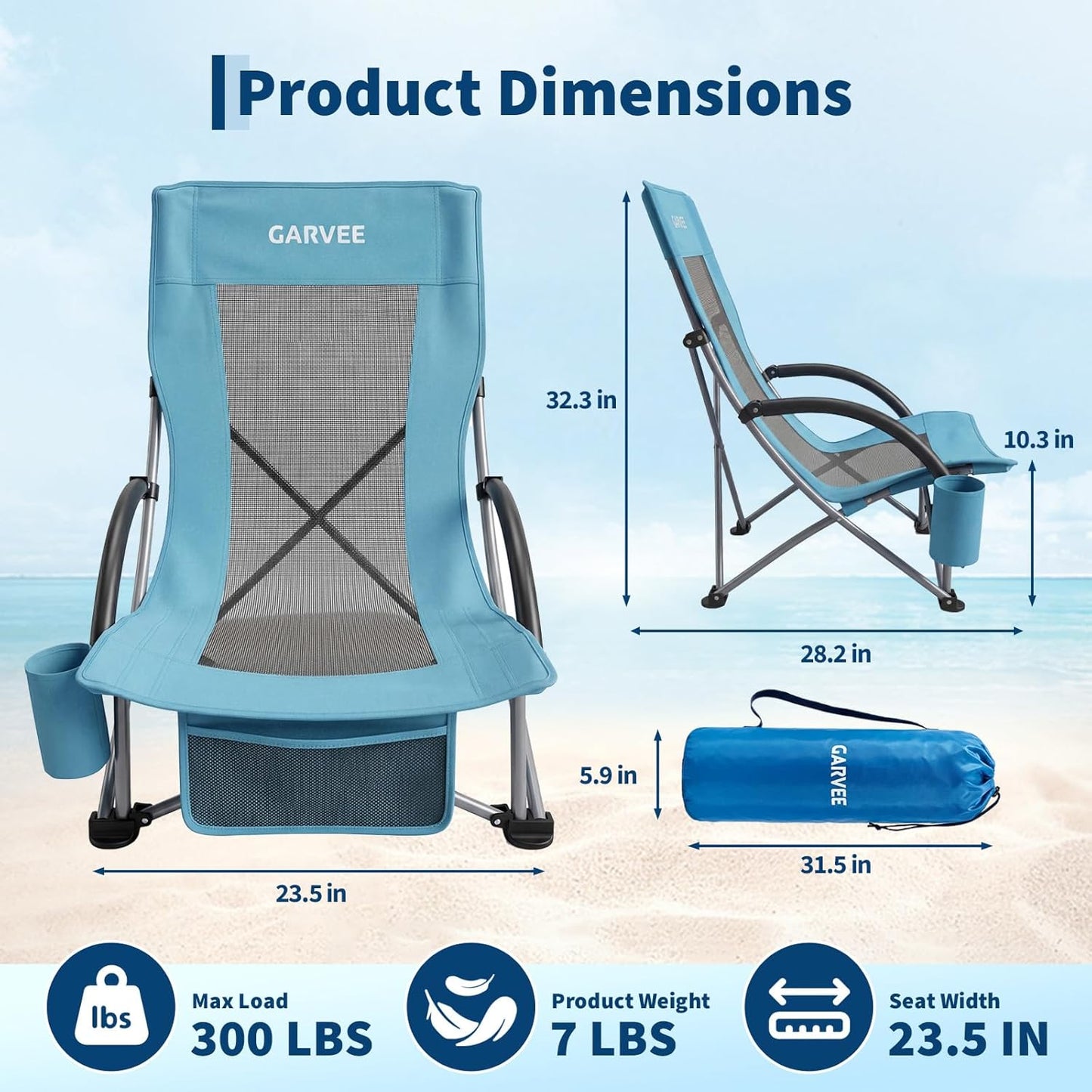 Garvee High Back Beach Chair, 28.2 x 23.5 x 32.3" with Cup Holder & Storage Pocket, Blue