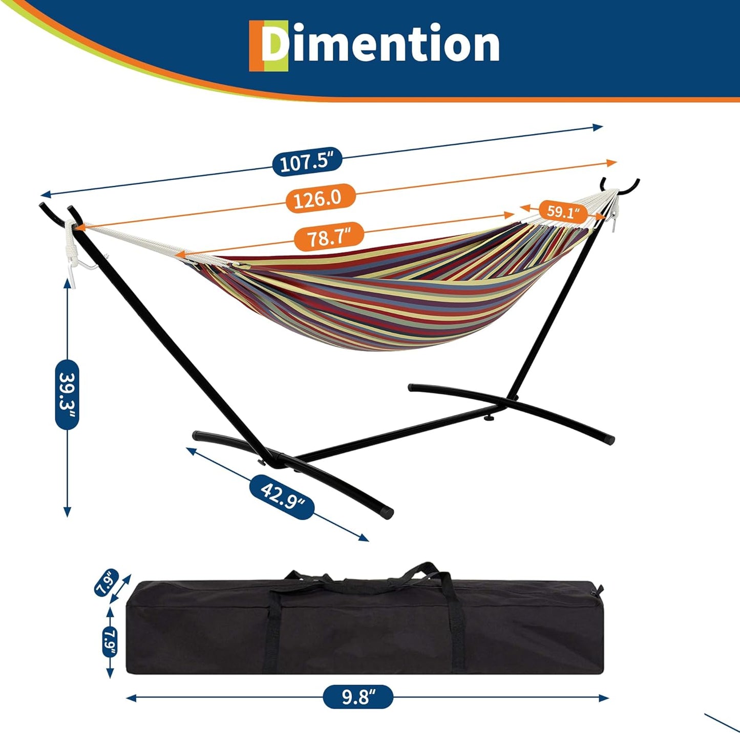 Riedhoff Double Hammock 107.5 x 42.9 x 39.3", for 2-Persons, with Steel Stand
