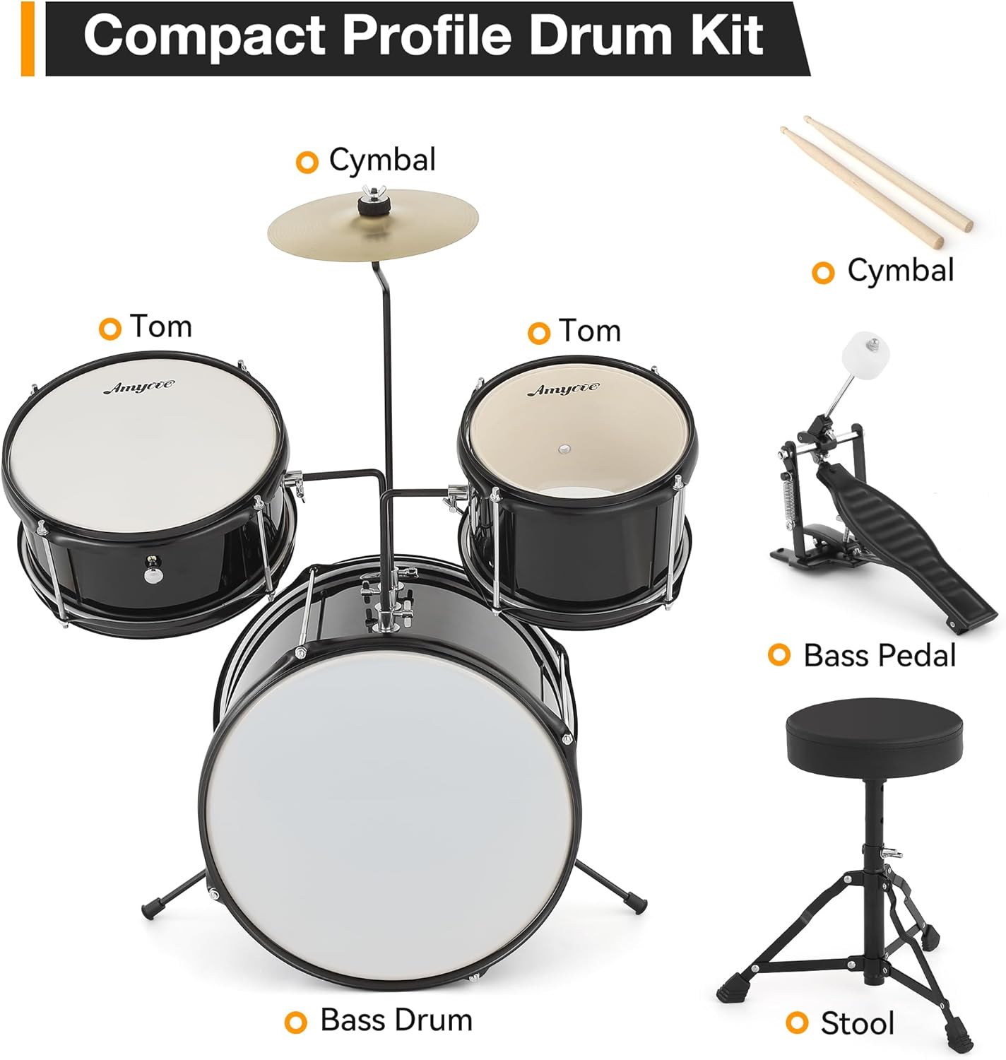 Garvee 3 Piece Beginner Drum Set for Kids Juniors, with Drum Sticks & Drum Throne Seat