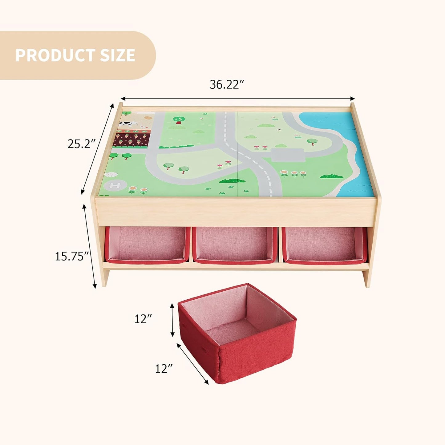 Garvee Wooden Train Table, 92 Piece Multicolor, 3 Storage Bins, 36.22 x 25.2 x 15.75"