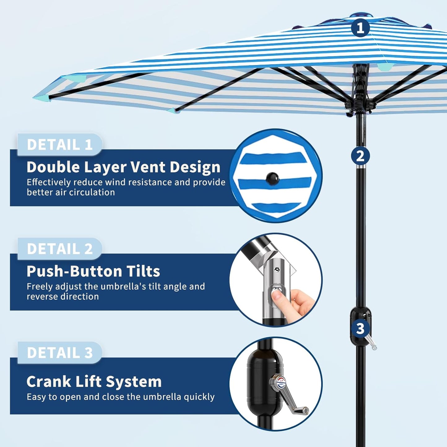 Garvee 9 ft Patio Table Umbrella, 8 Ribs, Crank Lift & Push Button Tilt