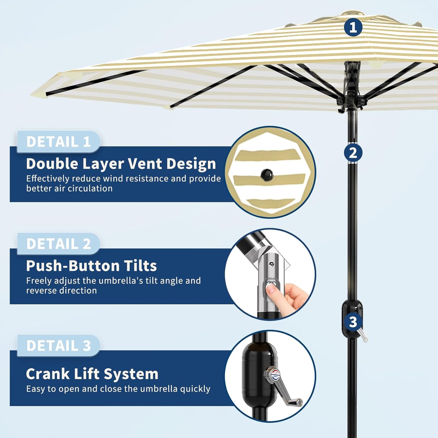 Garvee 9 ft Patio Table Umbrella, 8 Ribs, Crank Lift & Push Button Tilt