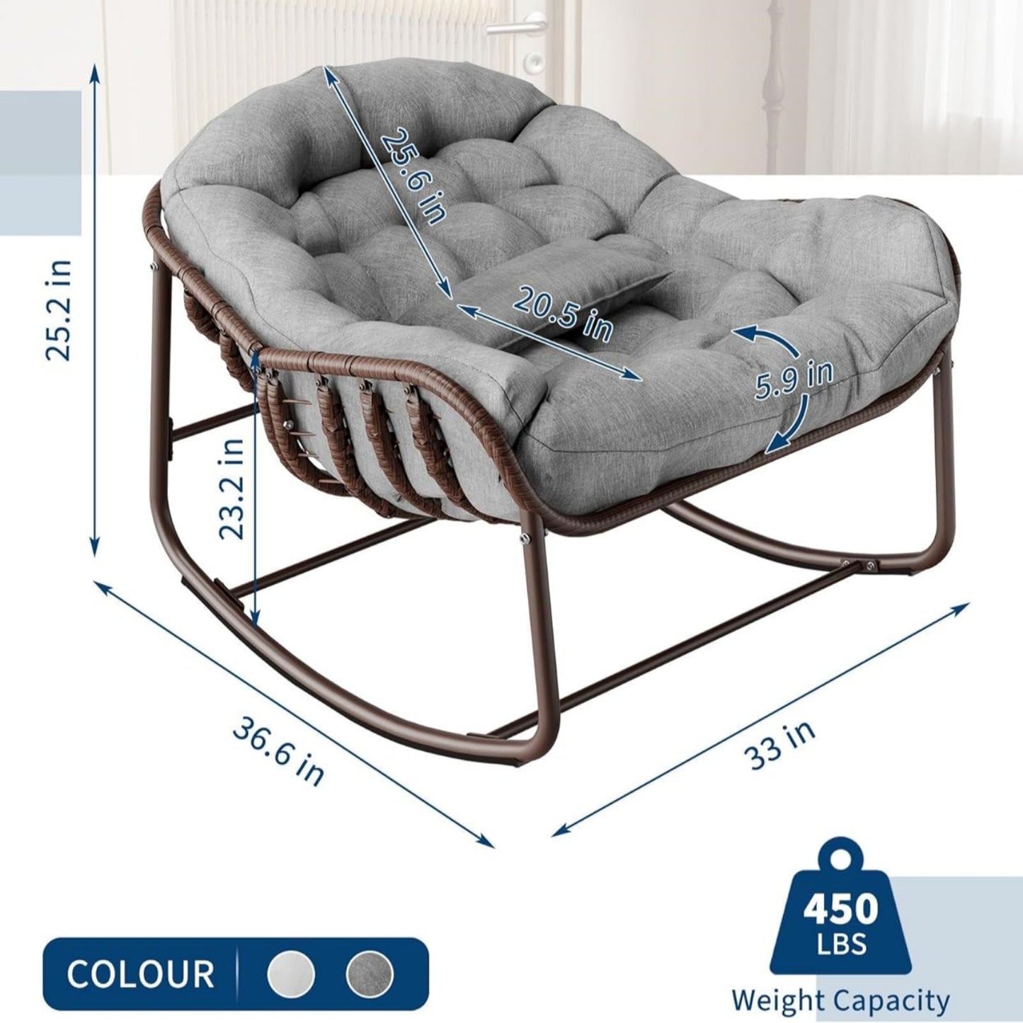 Garvee Outdoor Rocking Chair with Cushion, 36.6 x 33 x 25.2", Oversized Papasan Rocker