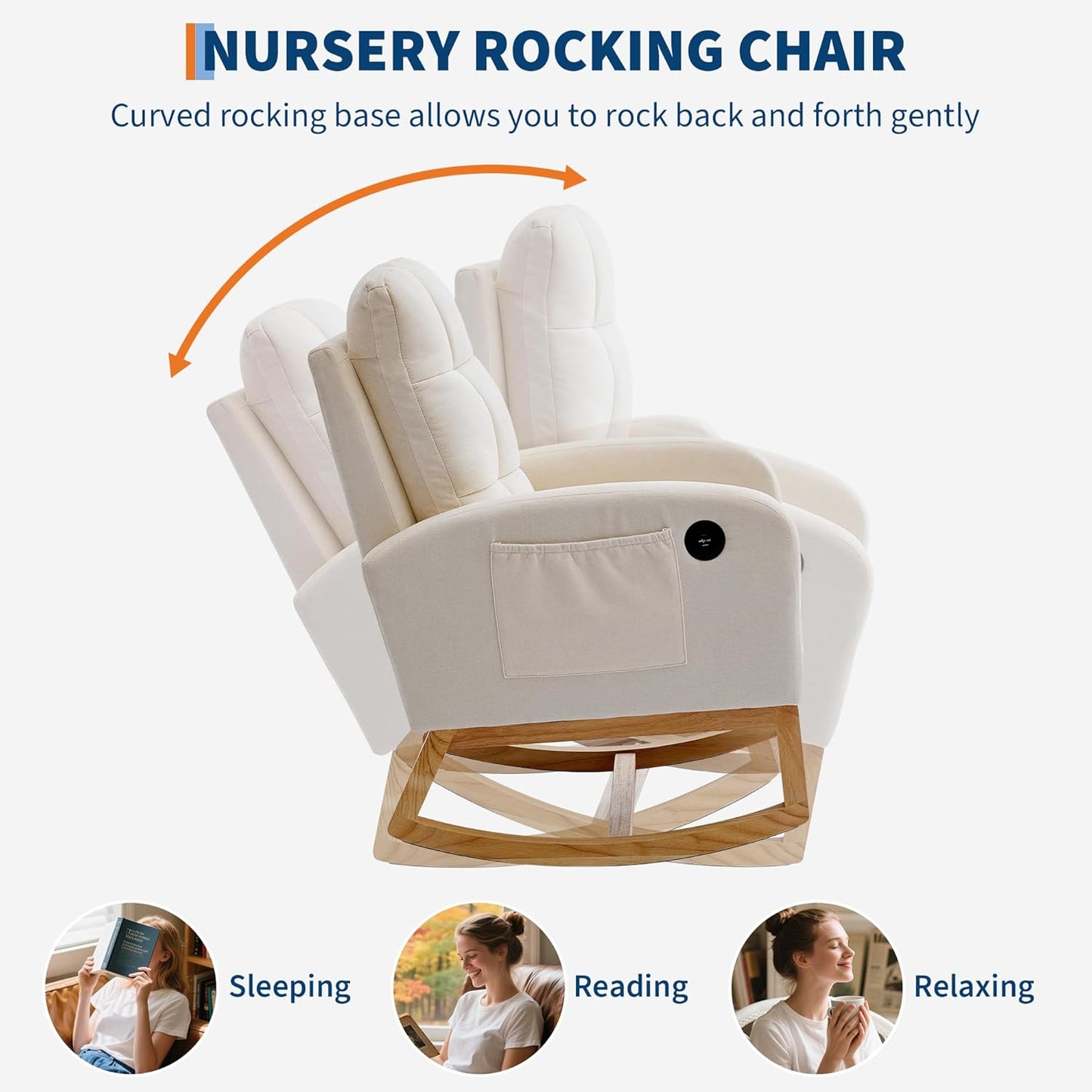 Garvee Nursery Rocking Chair 34.2 x 25.9 x 40.9", with USB Port, High Back, Beige