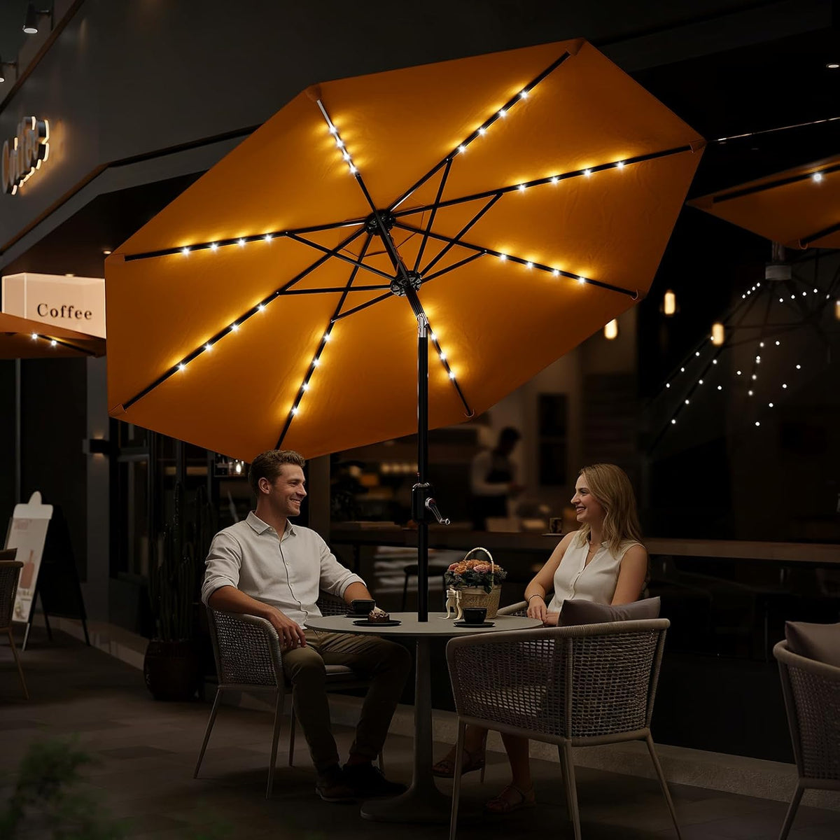 Riedhoff 9 feet Patio Umbrella with 32 LED Solar Lights, 8 Ribs, Tilt Crank