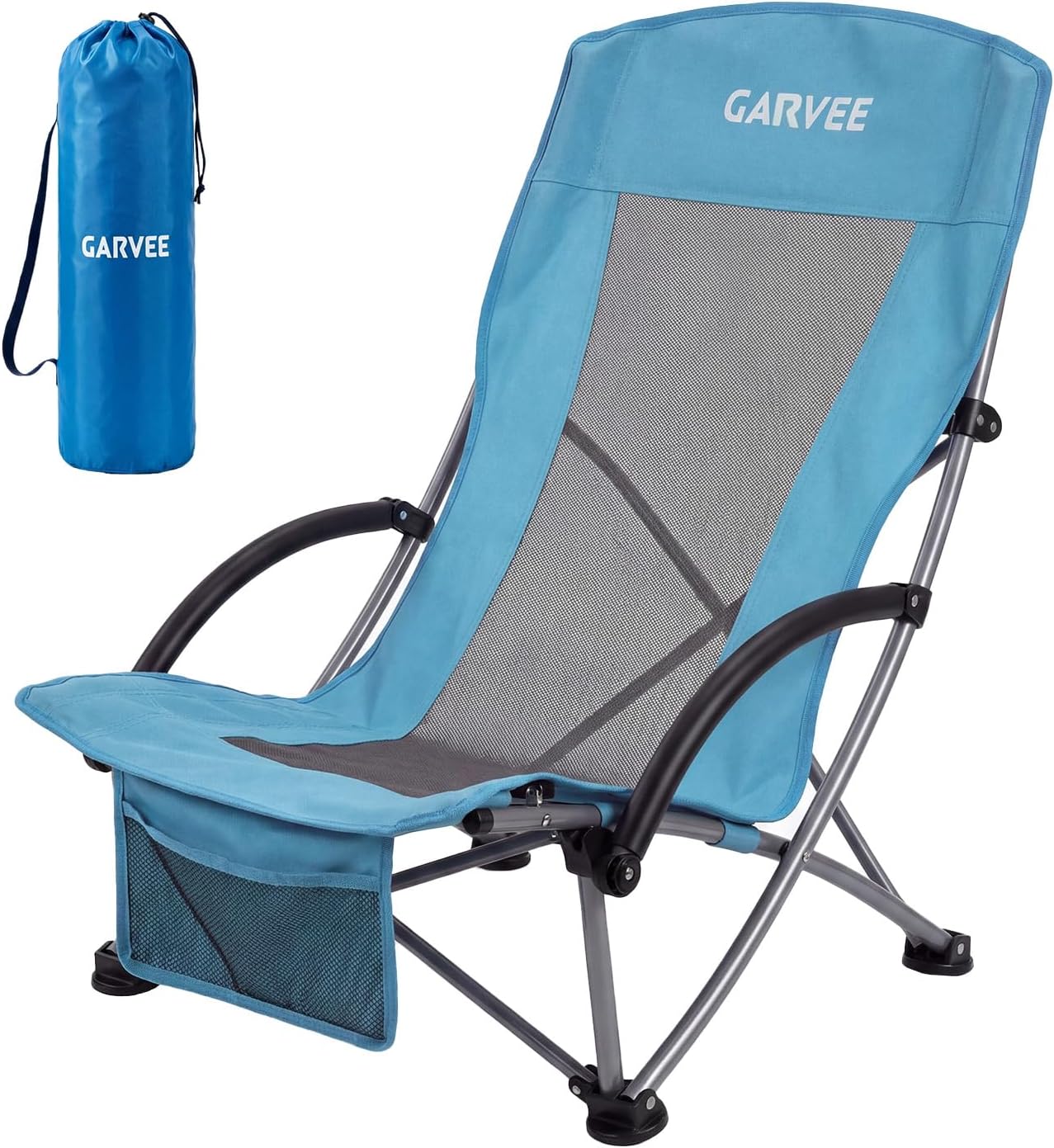 Garvee High Back Beach Chair, 28.2 x 23.5 x 32.3" with Cup Holder & Storage Pocket, Blue