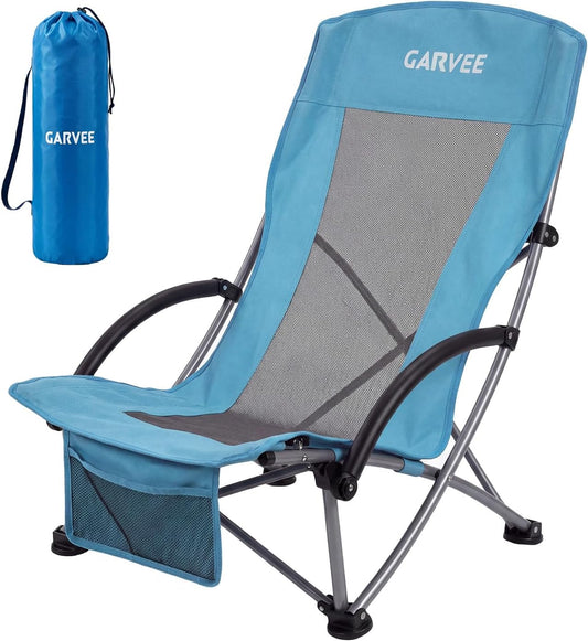 Garvee High Back Beach Chair, 28.2 x 23.5 x 32.3" with Cup Holder & Storage Pocket, Blue