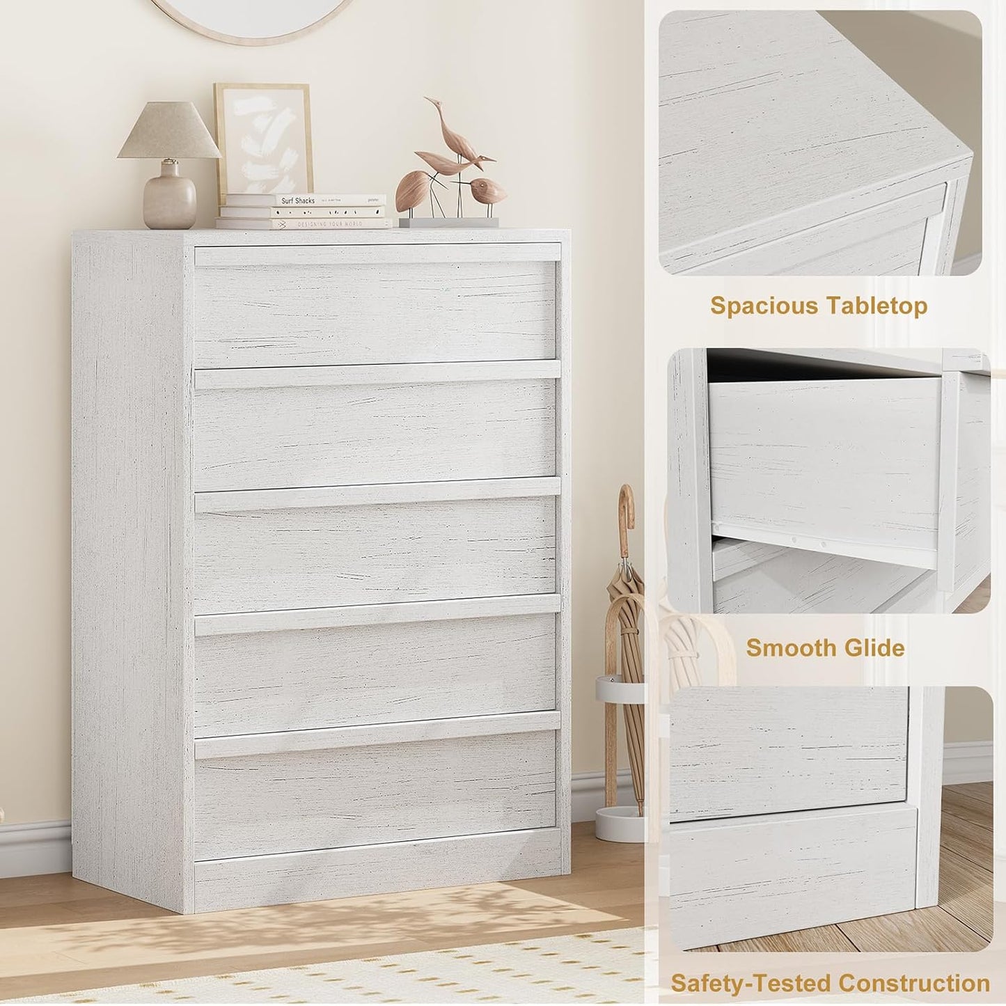 Garvee Vertical Chest of Drawers with 5 Drawers, 29.5 x 15.9 x 43.3"