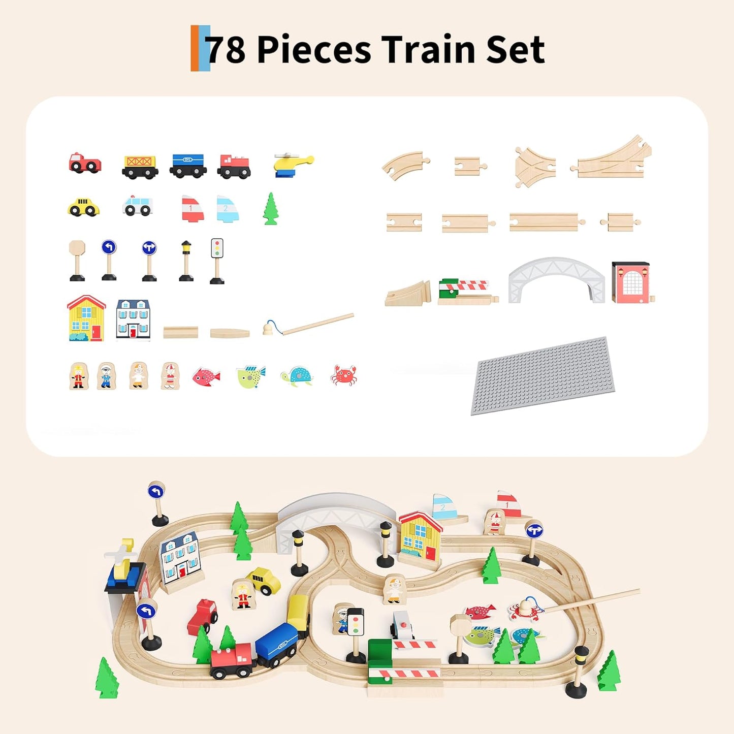 Garvee Wooden ﻿Train Table 31.5 x 22.44 x 15.75", 78 Multicolor Piece, for Toddlers 3+