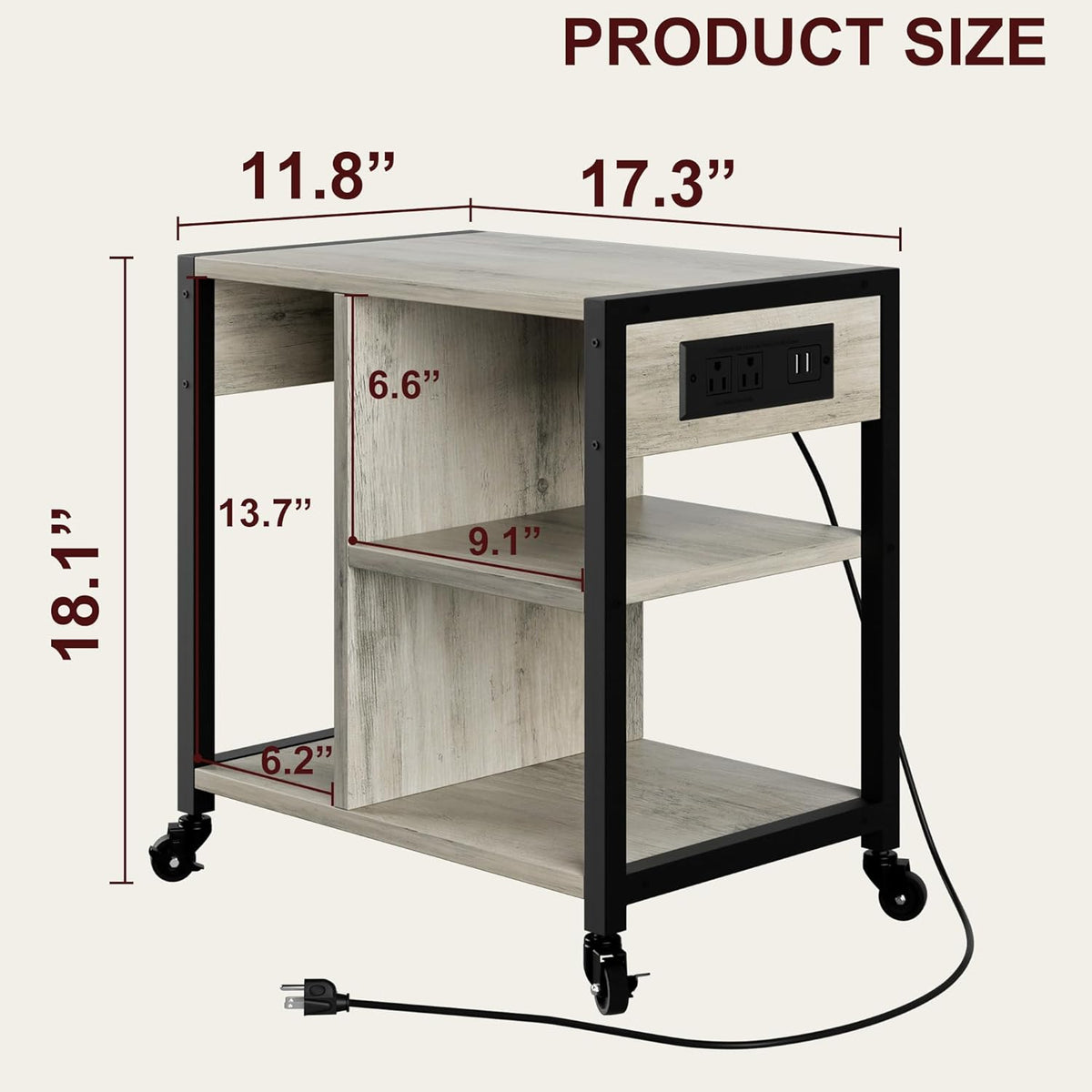 Garvee Rolling Printer Table, 3 Tiers, 17.3 x 11.8 x 18.1", with Lockable Wheels & Power Outlets