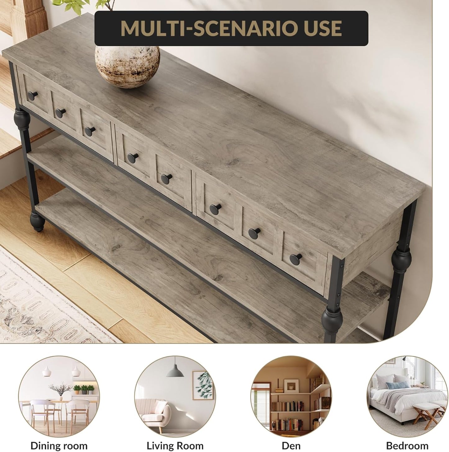 Garvee Console Sofa Table with 3 Drawers, 3-Tier Storage Shelves, 52.56 x 11.81 x 28.54", Gray