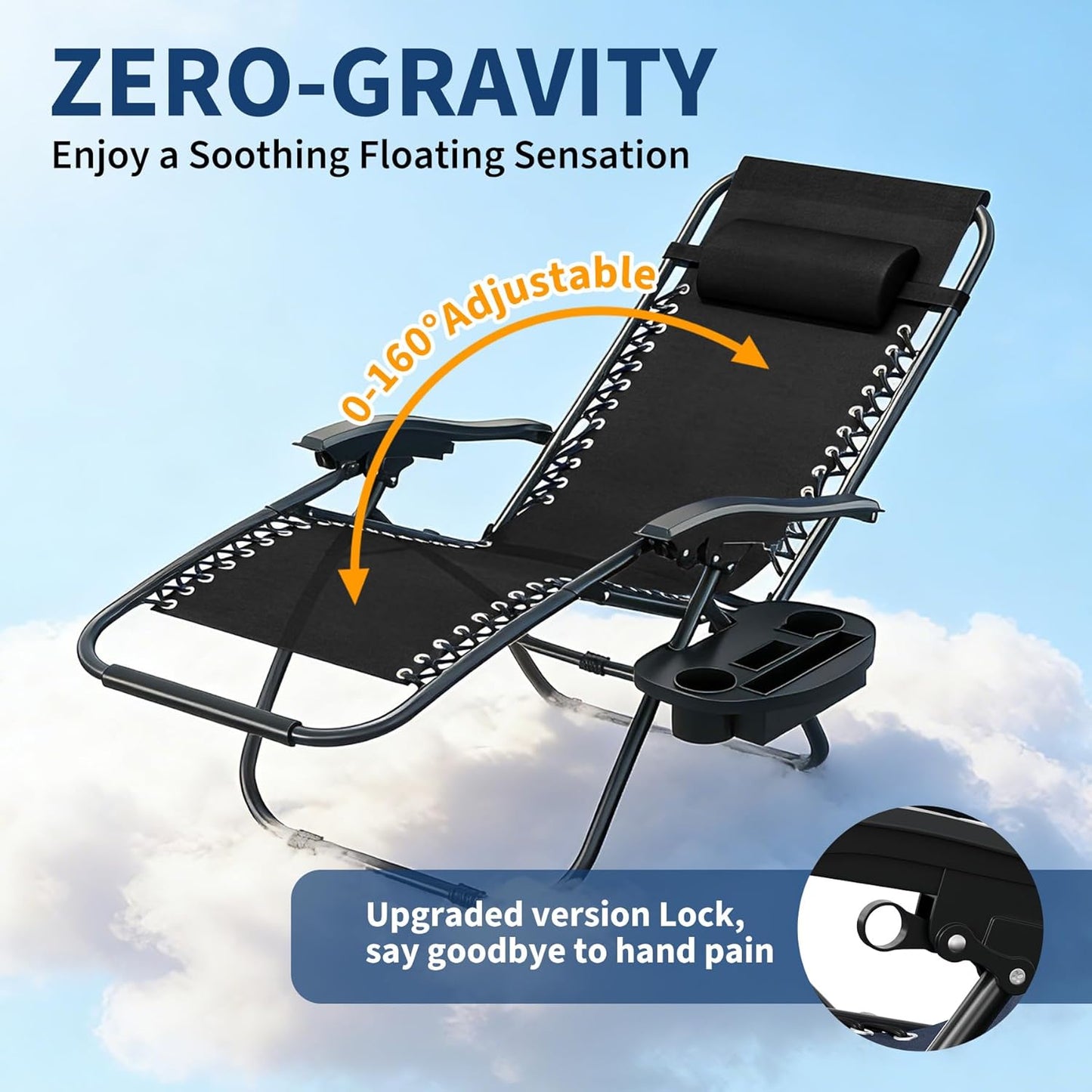 Garvee Adjustable Zero Gravity Lounge Chair Set of 2, Pillow & Cup Holder Tray