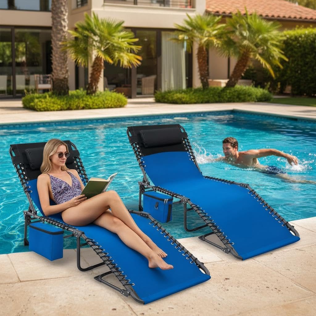 Garvee Outdoor Chaise Lounges, 5 Position Adjustable, Carrying Handle & Side Pocket, Removable Pillow