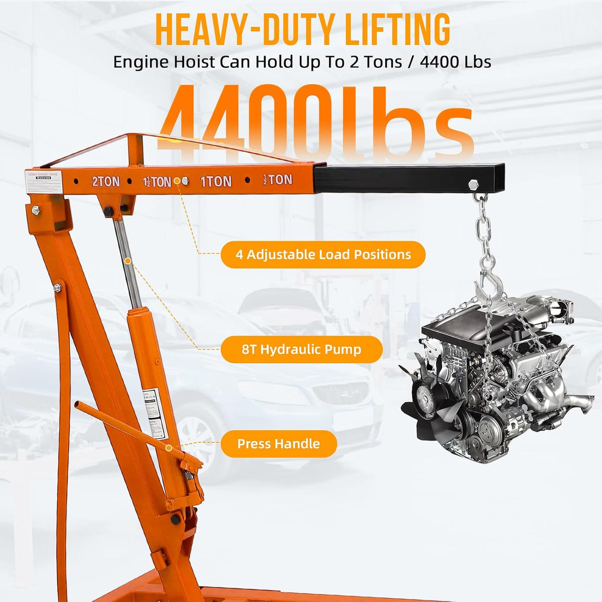 Riedhoff 2 Ton Hydraulic Engine Hoist, Cherry Picker, 4400 lbs, No Lever, Red