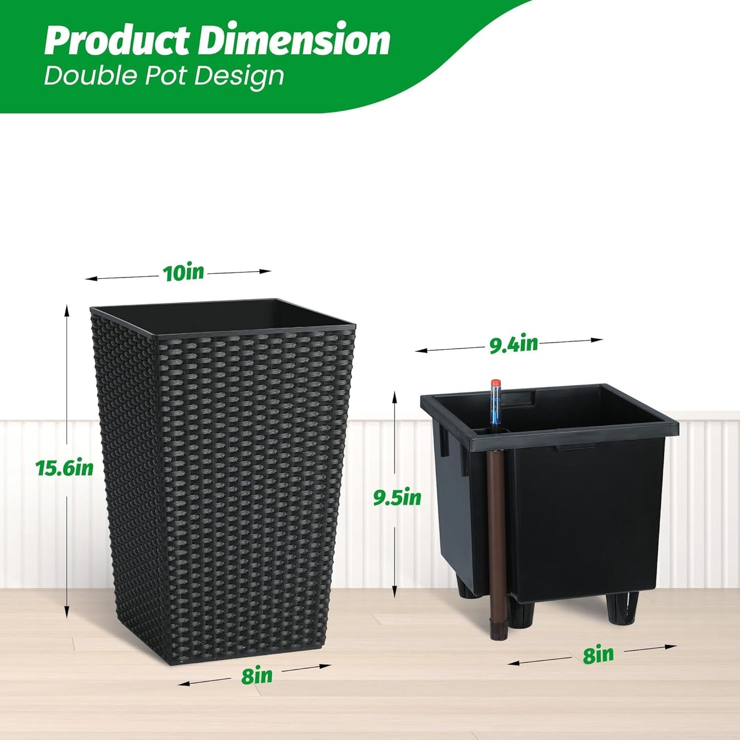 Garvee 15.6" Tall Planter Pots Set of 2, Rattan style, Tray & Water Level Monitor