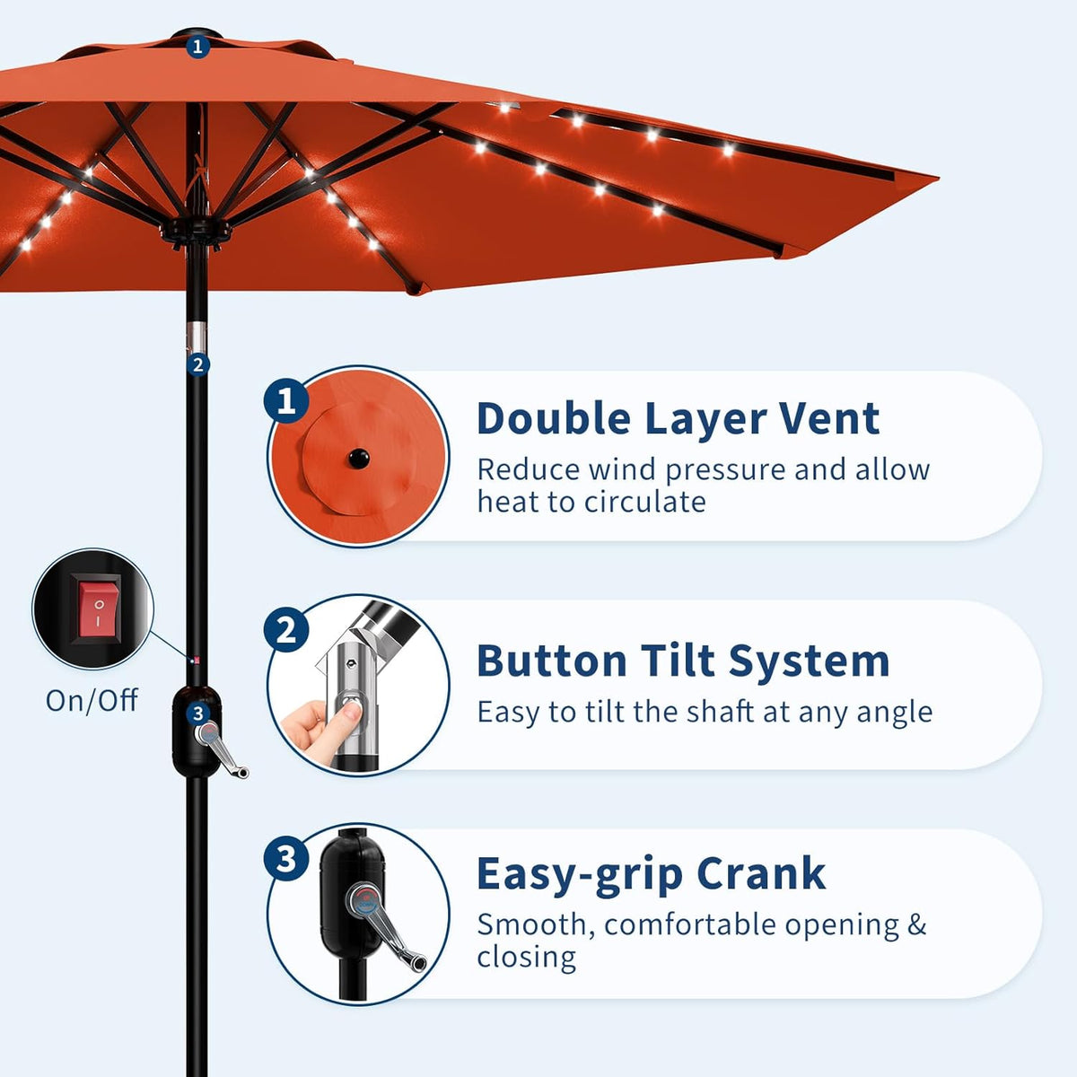 Riedhoff 9 feet Patio Umbrella with 32 LED Solar Lights, 8 Ribs, Tilt Crank