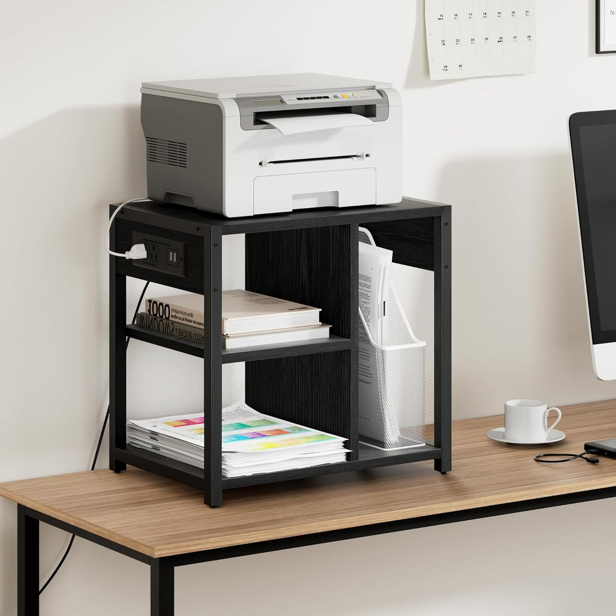Garvee Rolling Printer Table, 3 Tiers, 17.3 x 11.8 x 18.1", with Lockable Wheels & Power Outlets