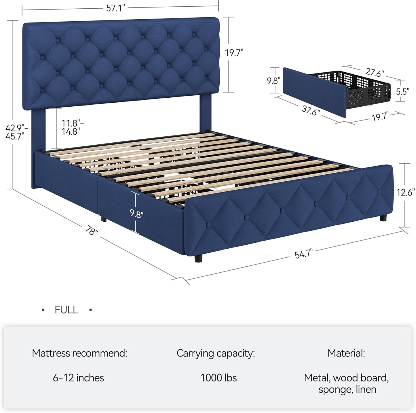 GARVEE Bed Frame with 4 Storage Drawers & Adjustable Headboard