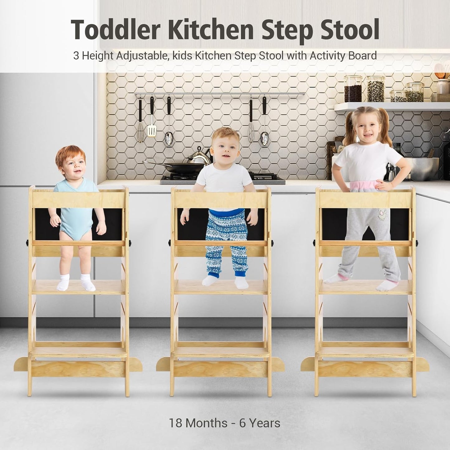 Garvee Kids Kitchen Step Stool, 17.32 x 16.54 x 35.43", 3 Height Adjustable with Safety Guardrail, Oak