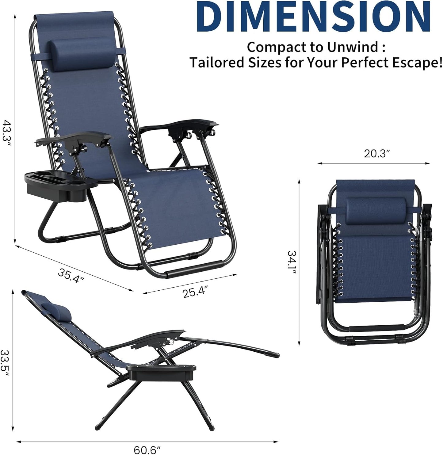 Garvee Adjustable Zero Gravity Lounge Chair Set of 2, Pillow & Cup Holder Tray