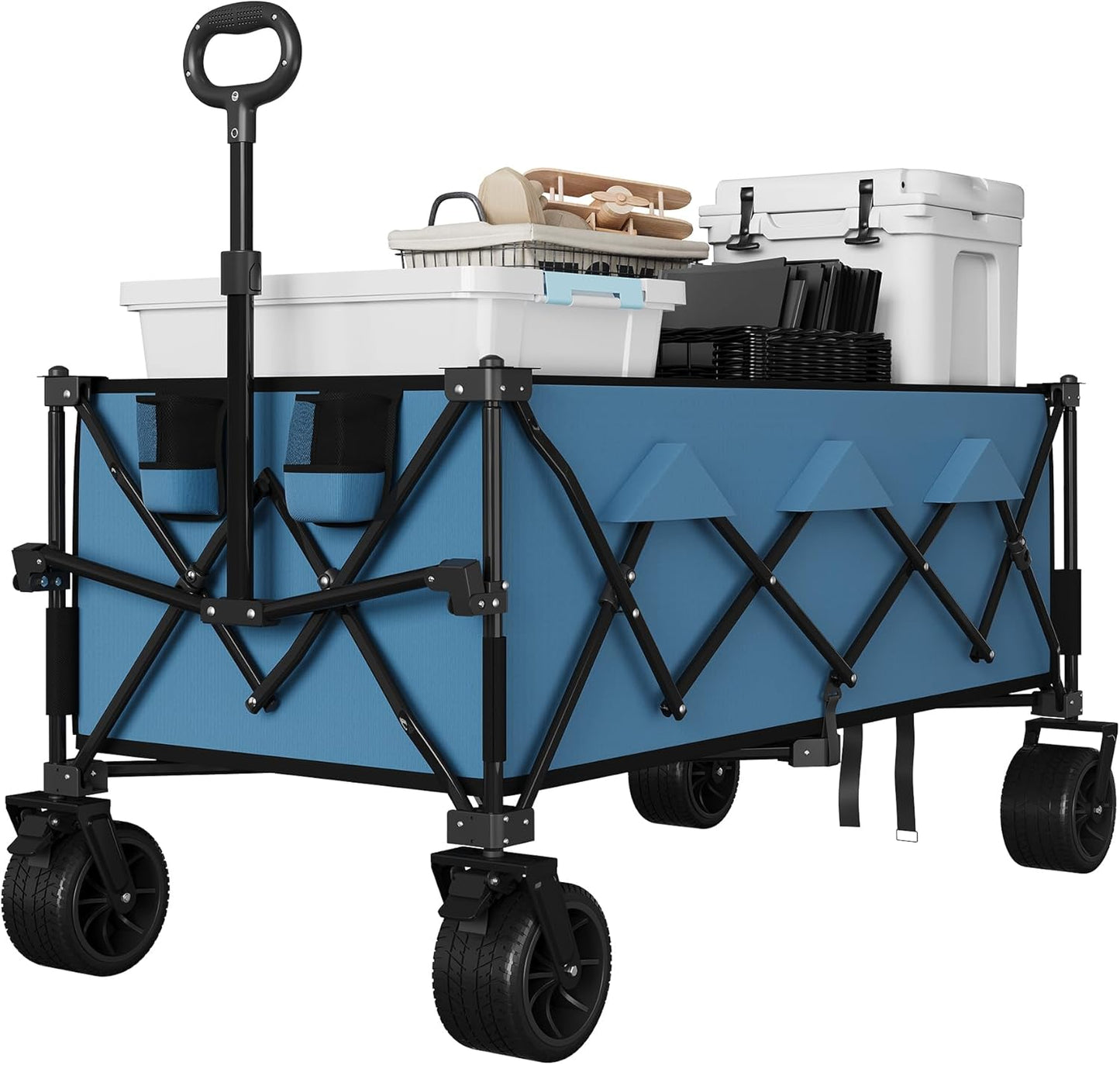 Garvee Extra Long Collapsible Wagons Carts, 54 x 29 x 42", All Terrain Wheels, Cup Holders