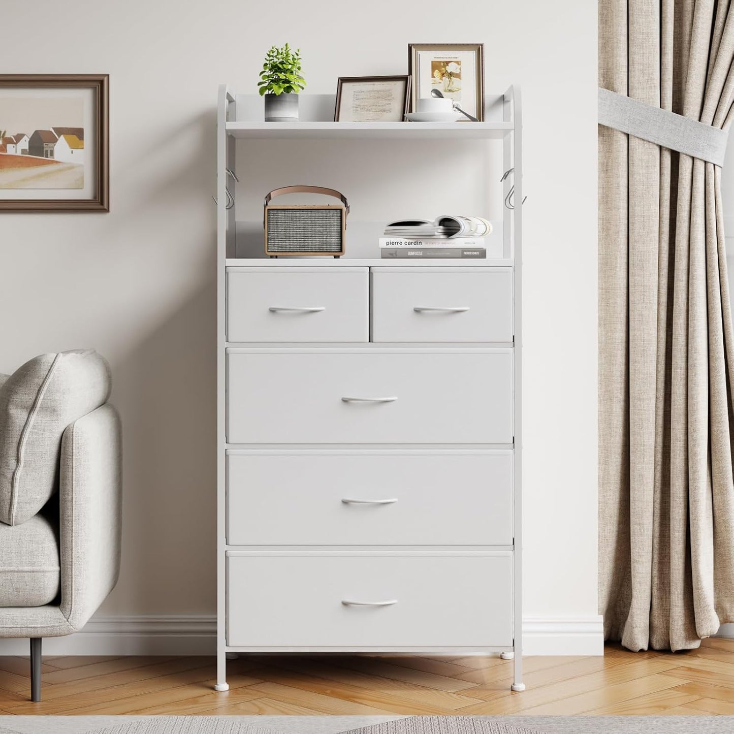 Garvee 5 Drawer Dresser for Bedroom, Wood Top, with Storage Organizer Fabric Bins