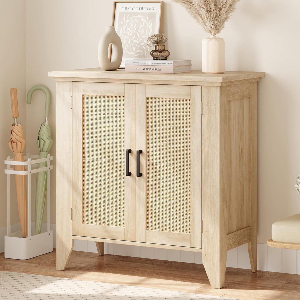 Garvee Rattan Sideboard Buffet Cabinet, 30 x 15.8 x 31.5", with Doors & Shelves, Oak