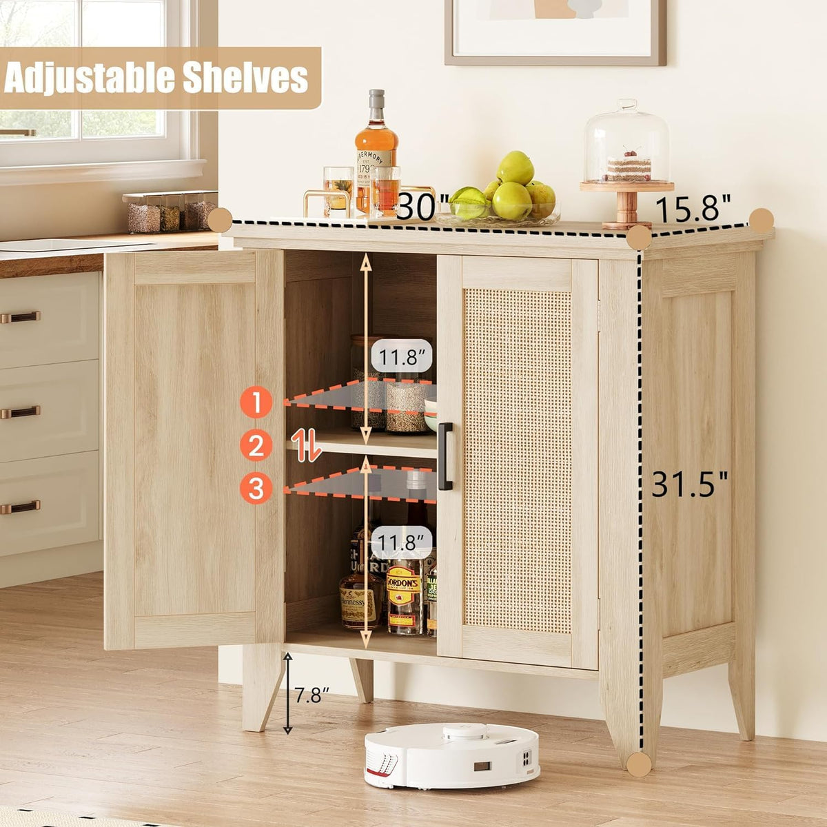 Garvee Rattan Sideboard Buffet Cabinet, 30 x 15.8 x 31.5", with Doors & Shelves, Oak
