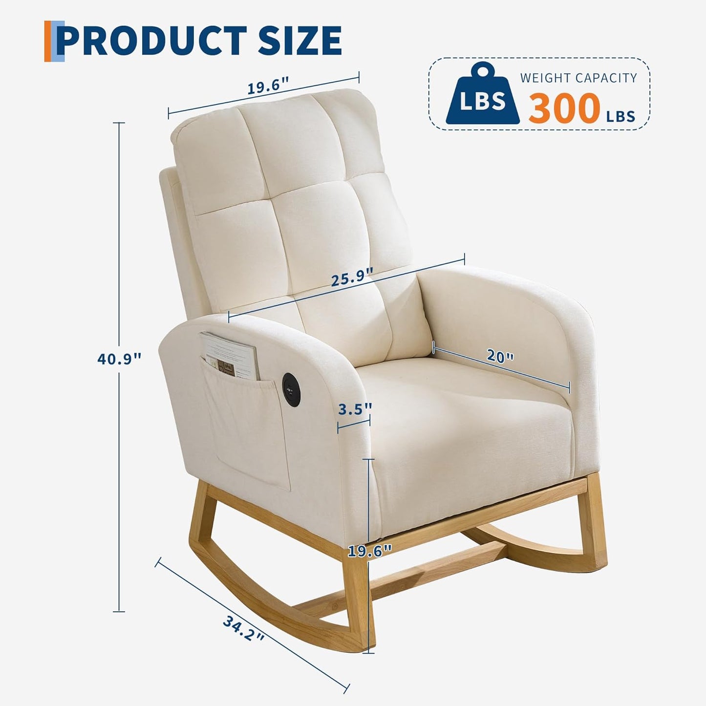 Garvee Nursery Rocking Chair 34.2 x 25.9 x 40.9", with USB Port, High Back, Beige