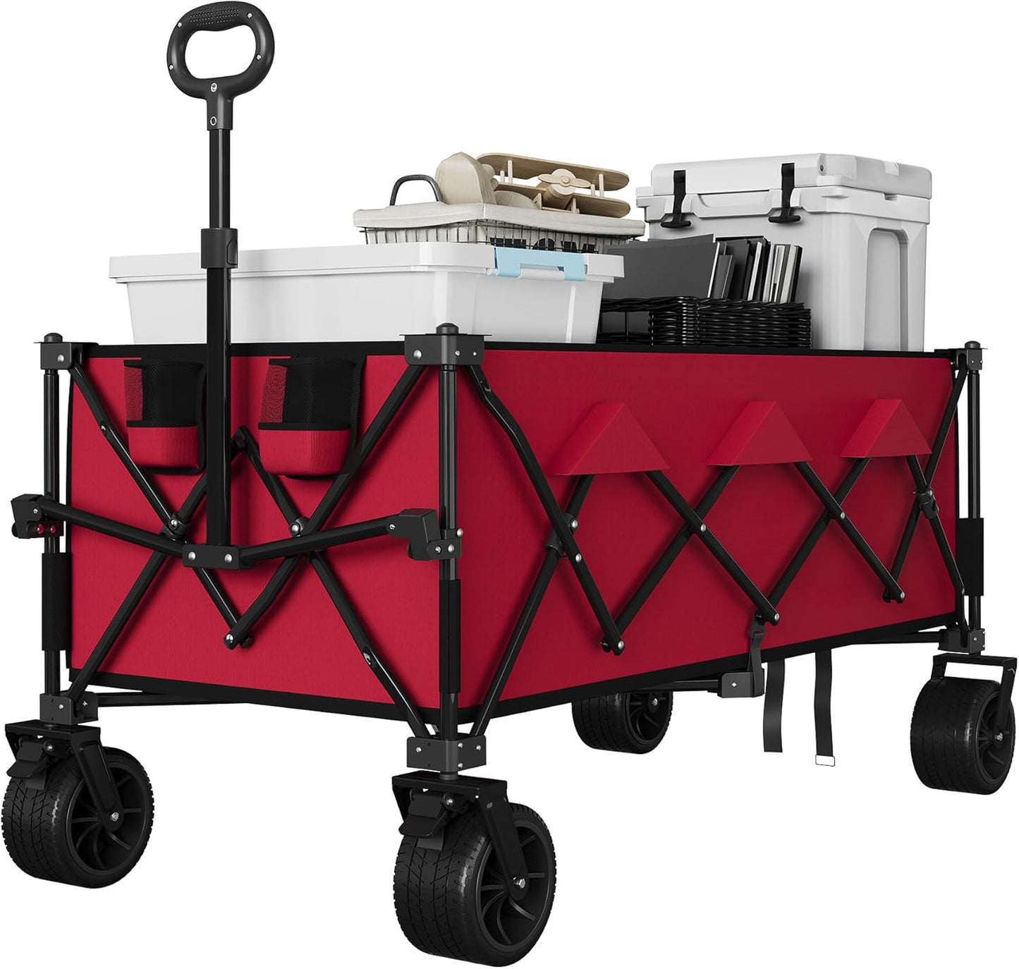 Garvee Extra Long Collapsible Wagons Carts, 54 x 29 x 42", All Terrain Wheels, Cup Holders