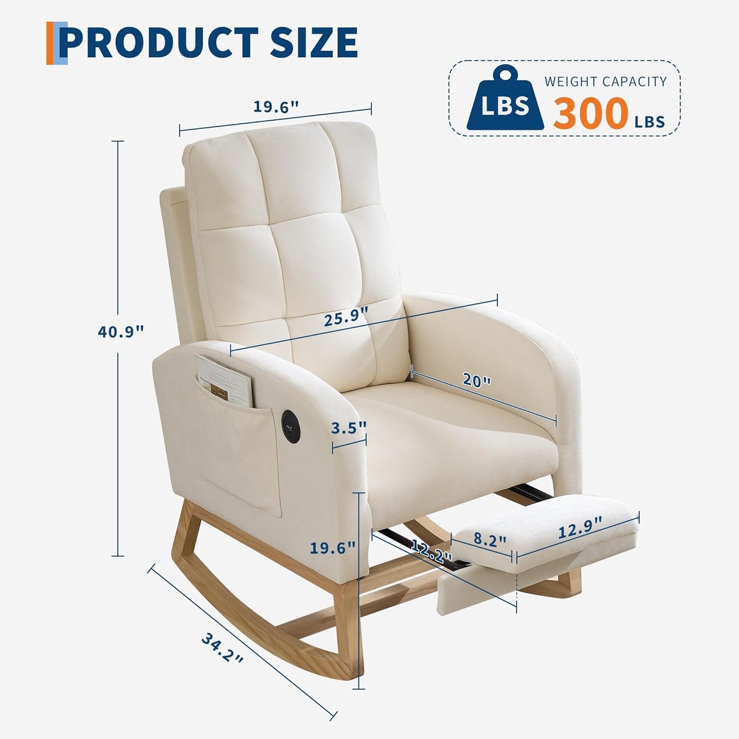 Garvee Nursery Rocking Chair 34.2 x 25.9 x 40.9", with USB Port & Footrest, High Back, Beige