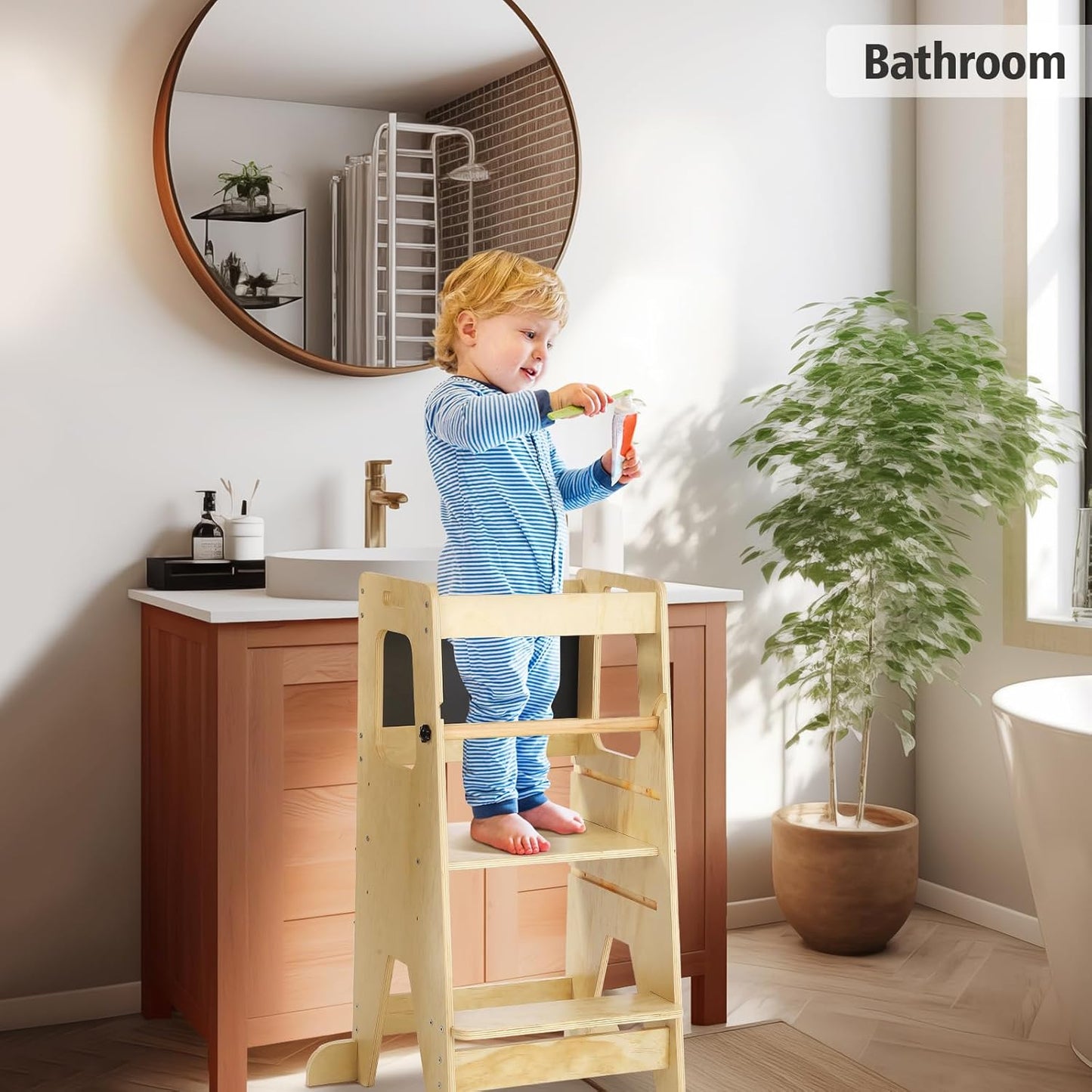 Garvee Kids Kitchen Step Stool, 17.32 x 16.54 x 35.43", 3 Height Adjustable with Safety Guardrail, Oak