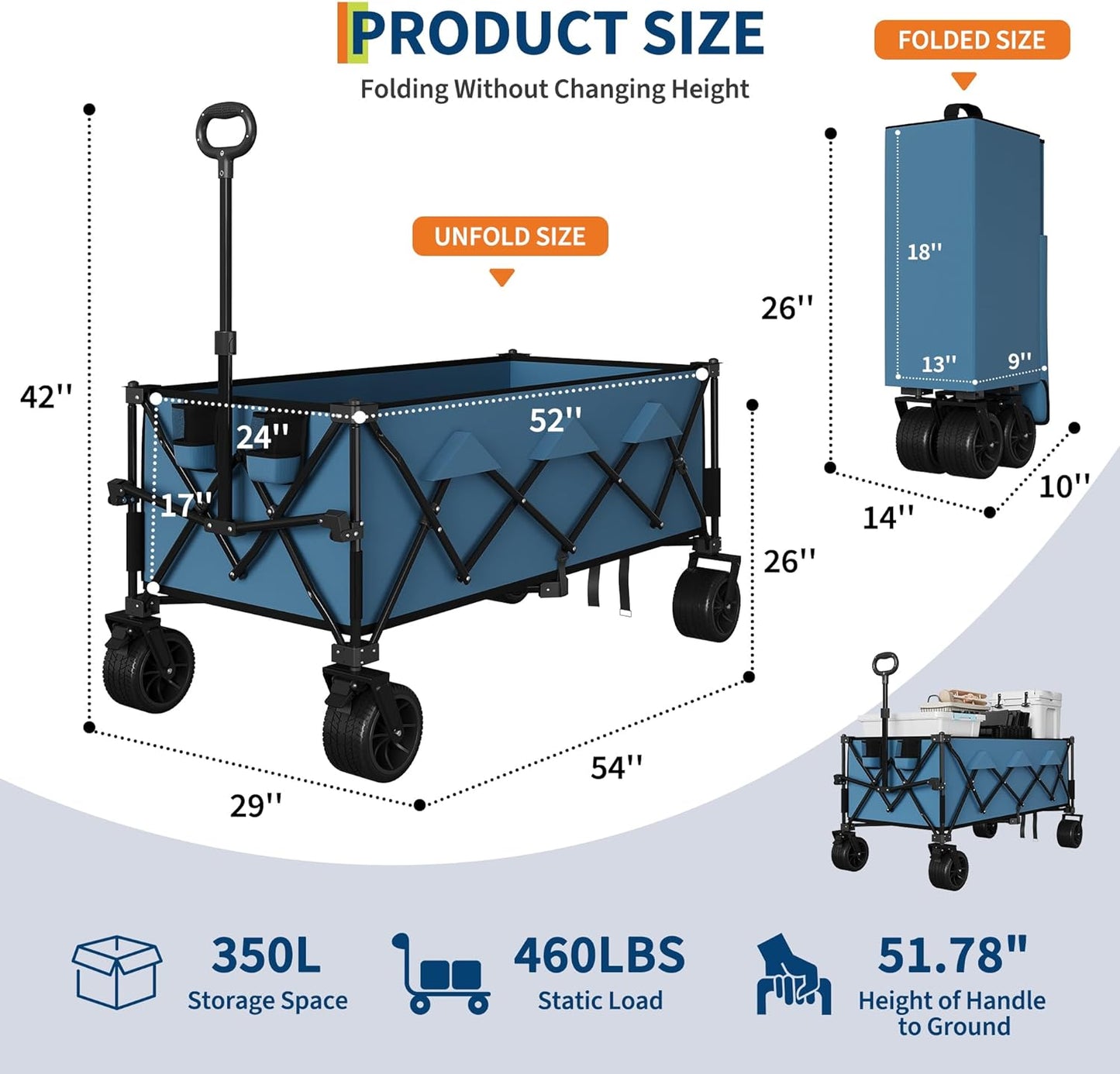 Garvee Extra Long Collapsible Wagons Carts, 54 x 29 x 42", All Terrain Wheels, Cup Holders