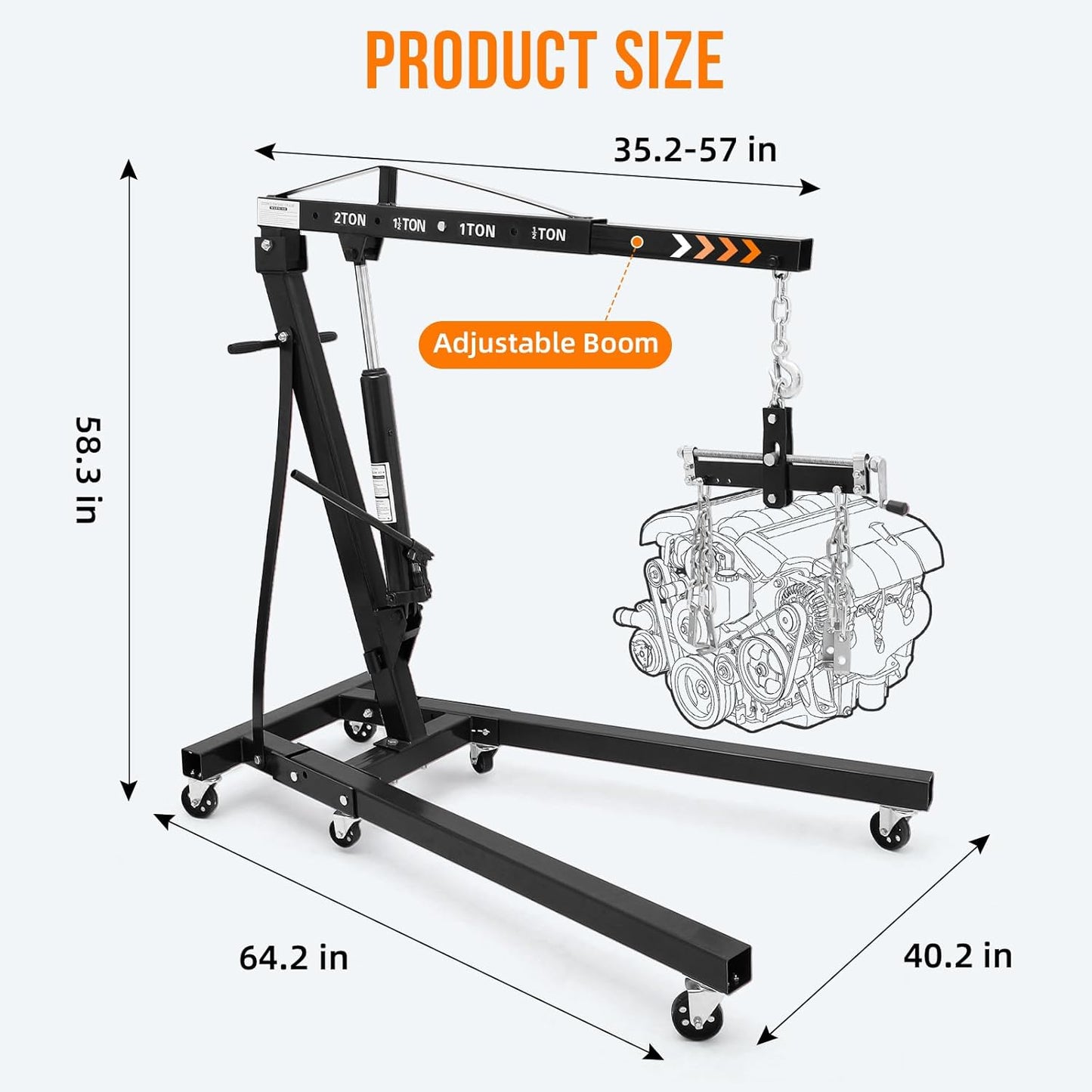 Garvee Steel Folding Hydraulic Engine Hoist, Heavy Duty with Lever, 2 Ton Max, 6 Wheels
