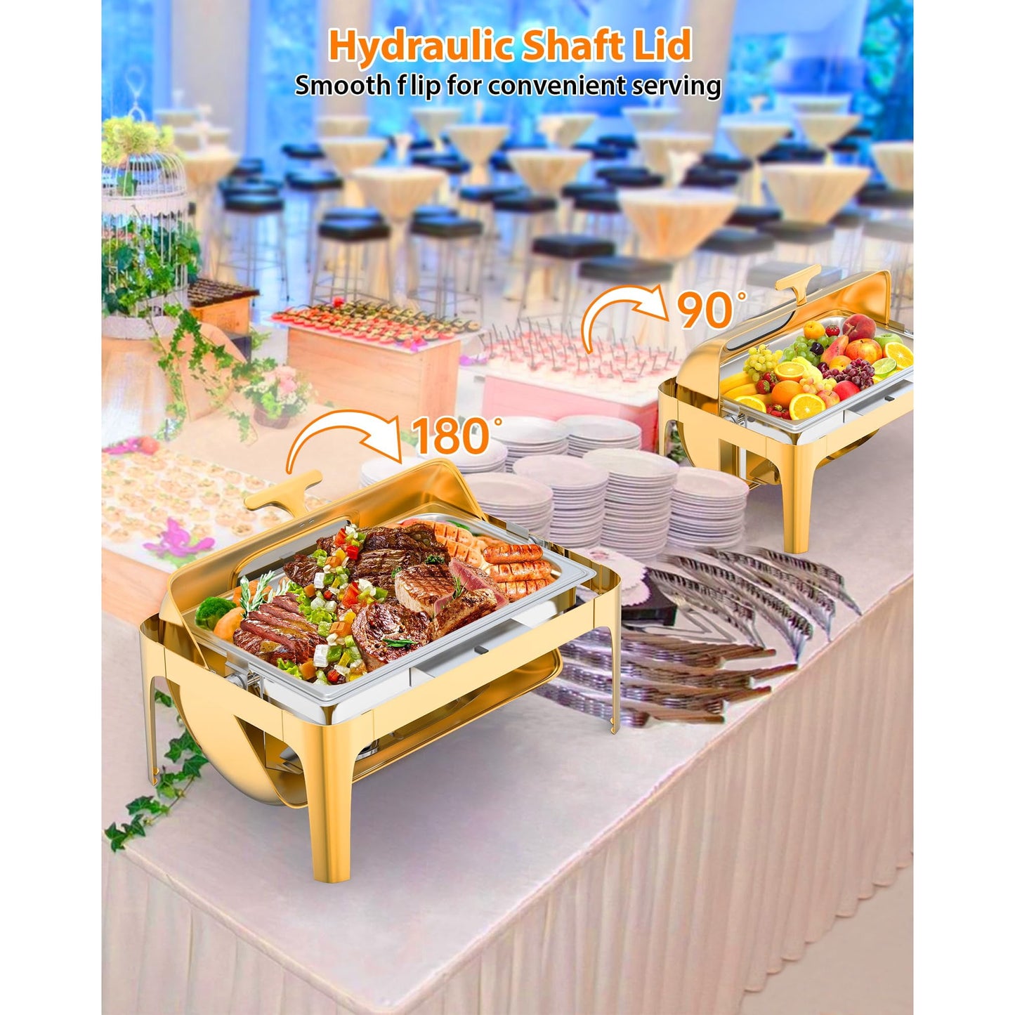 GARVEE Roll Top Chafing Dish Buffet Set, 9 QT Rectangular Catering Food Warmer, Golden