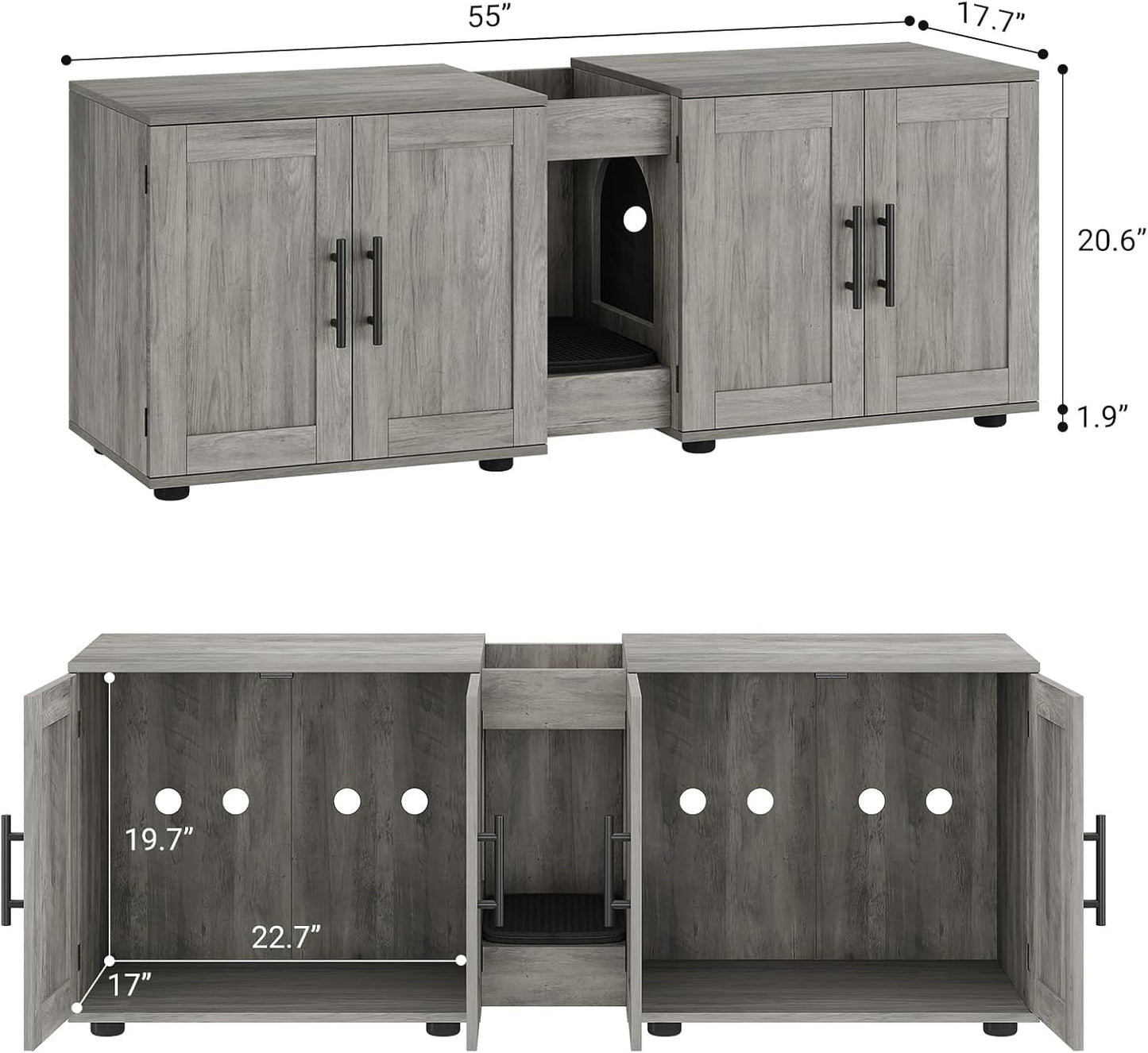 Garvee Litter Box, Enclosure with Double Room, for 2 Cats, 55 x 17.7x 22.5"