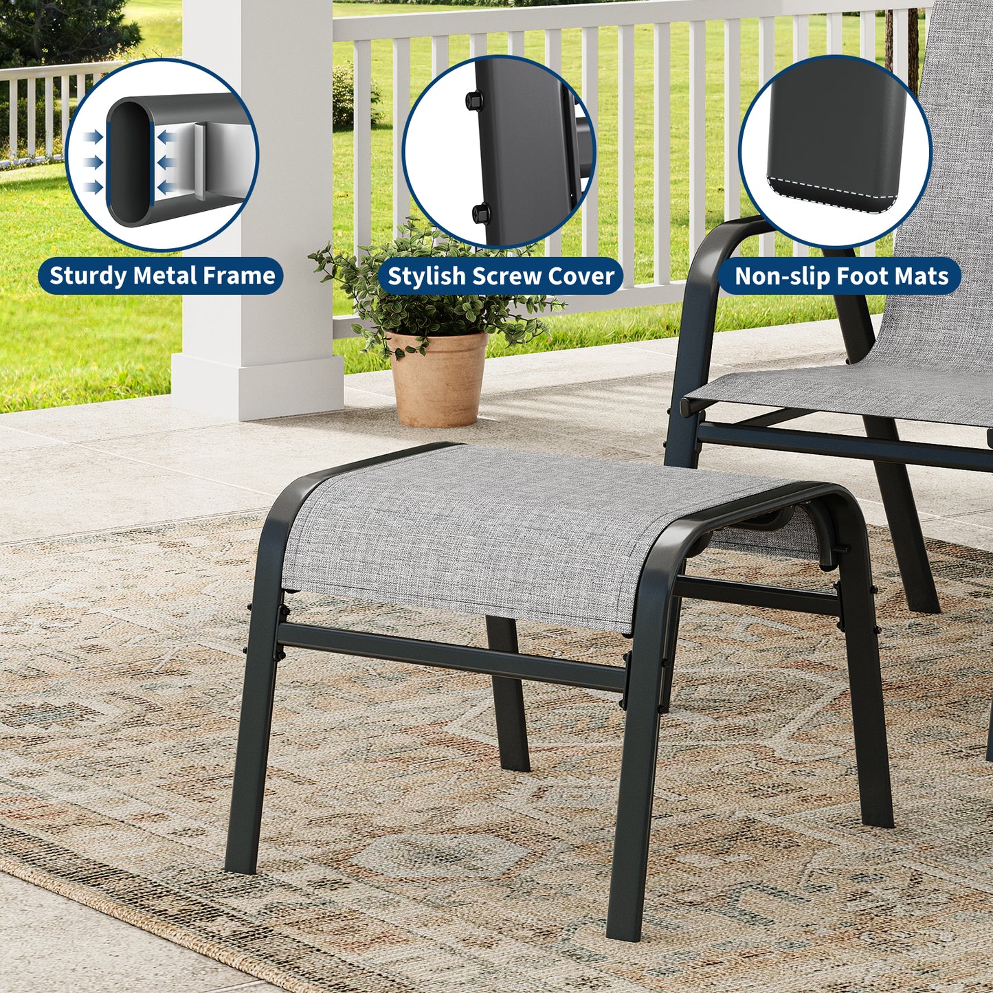 Garvee Stackable Outdoor Ottomans Set of 2,All-Weather Textilene Foot Stool with Metal Frame